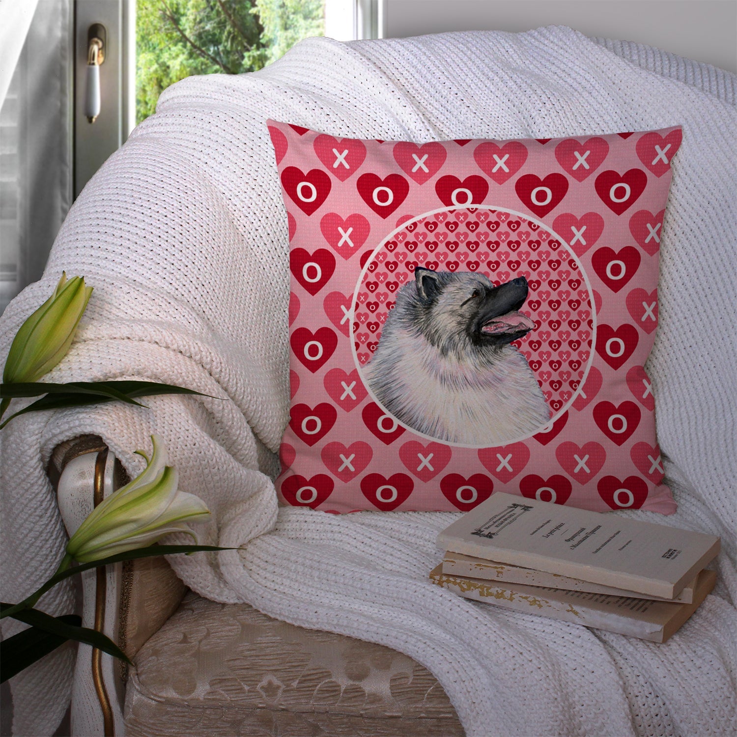 Keeshond Hearts Love and Valentine's Day Portrait Decorative Throw Pillow 14x14 Indoor Outdoor Accent Cushion, Fabric Cover with Insert for Sofa, Bed, Porch & Living Room