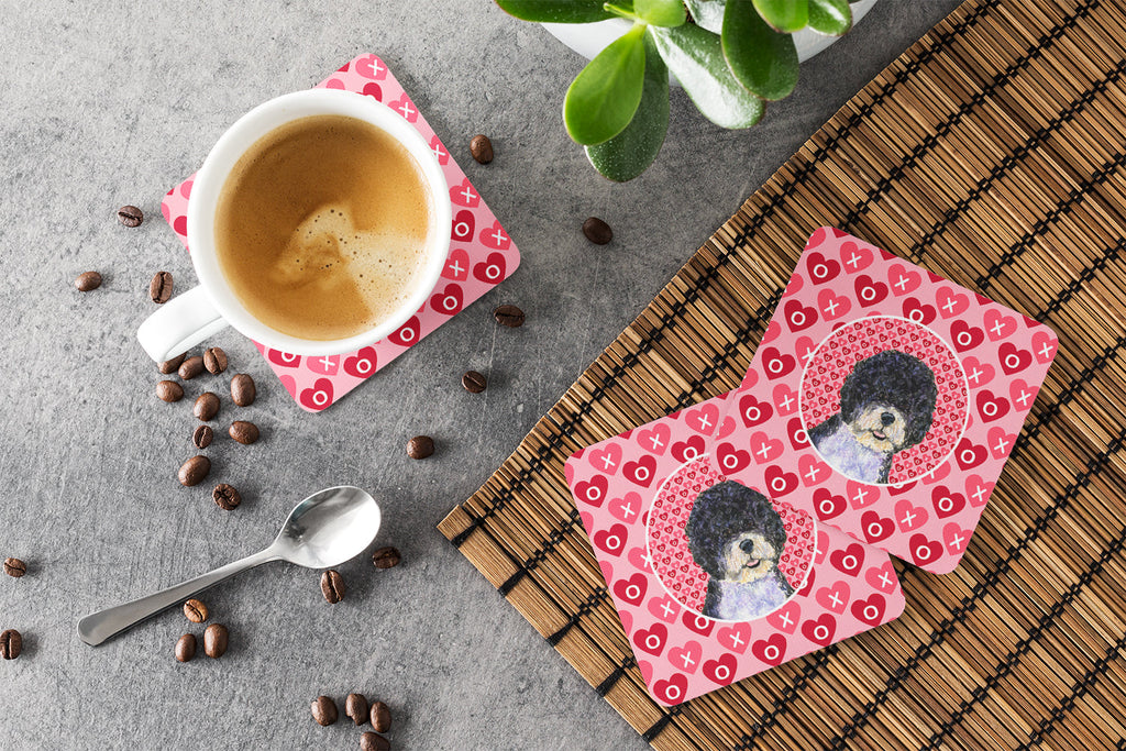 Portuguese Water Dog Hearts Love Valentine's Day Foam Coasters Set of 4 Cup Coasters for Indoor Outdoor, Tabletop Protection, Anti Slip, Mouse pad Material