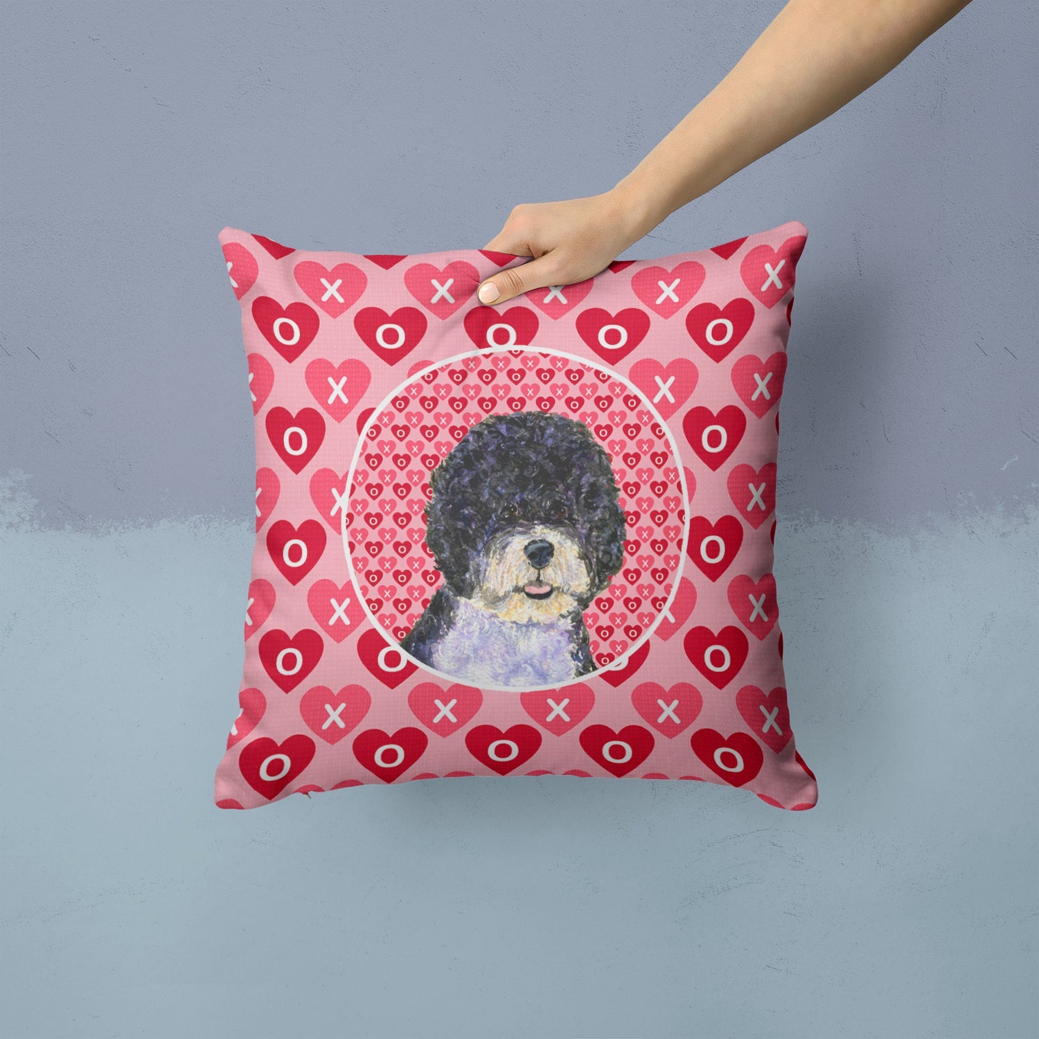 Portuguese Water Dog Hearts Love Valentine's Day Decorative Throw Pillow 14x14 Indoor Outdoor Accent Cushion, Fabric Cover with Insert for Sofa, Bed, Porch & Living Room