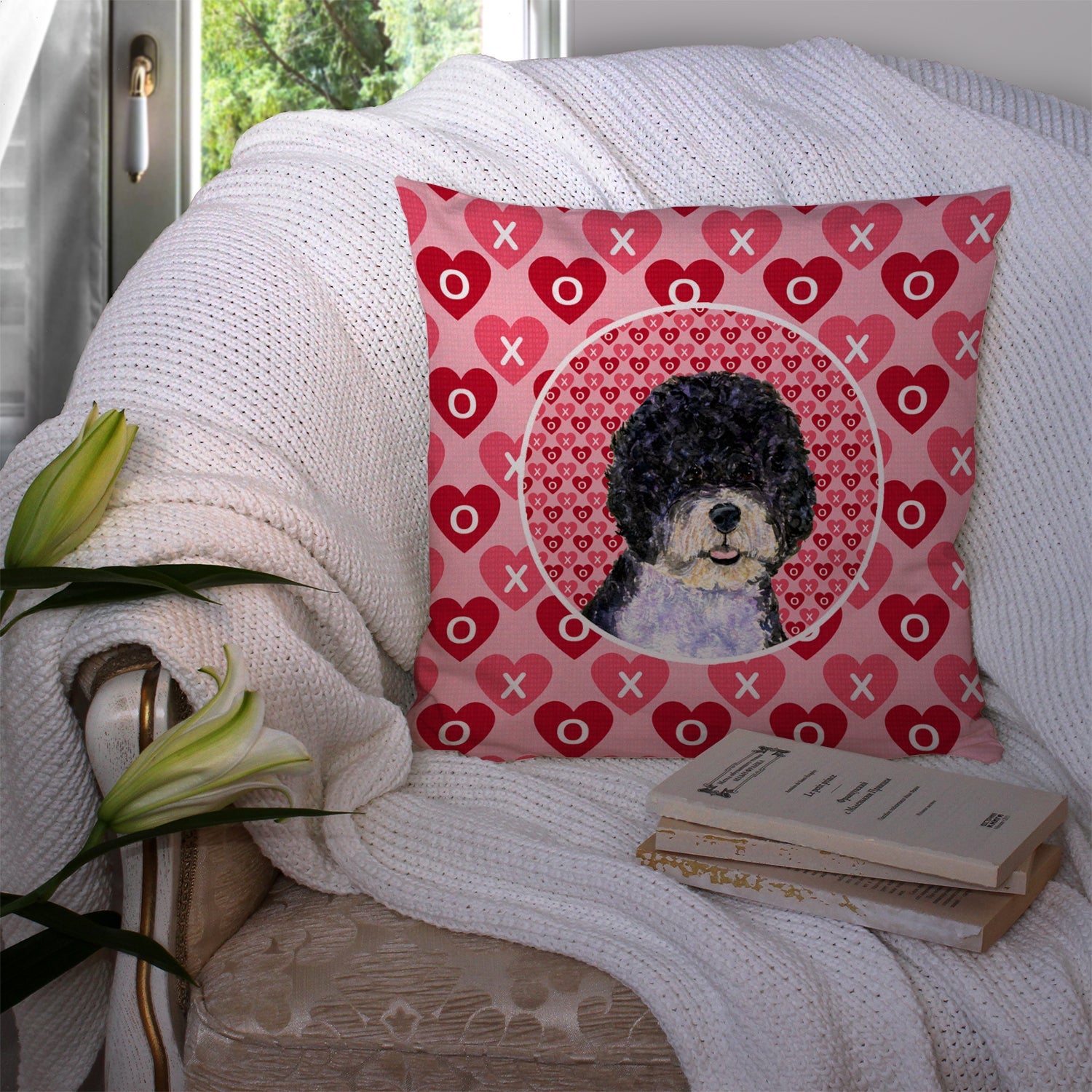 Portuguese Water Dog Hearts Love Valentine's Day Decorative Throw Pillow 14x14 Indoor Outdoor Accent Cushion, Fabric Cover with Insert for Sofa, Bed, Porch & Living Room
