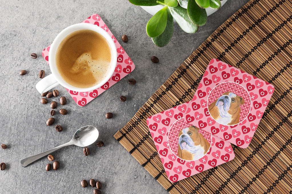 Bulldog English Hearts Love Valentine's Day Foam Coasters Set of 4 Cup Coasters for Indoor Outdoor, Tabletop Protection, Anti Slip, Mouse pad Material