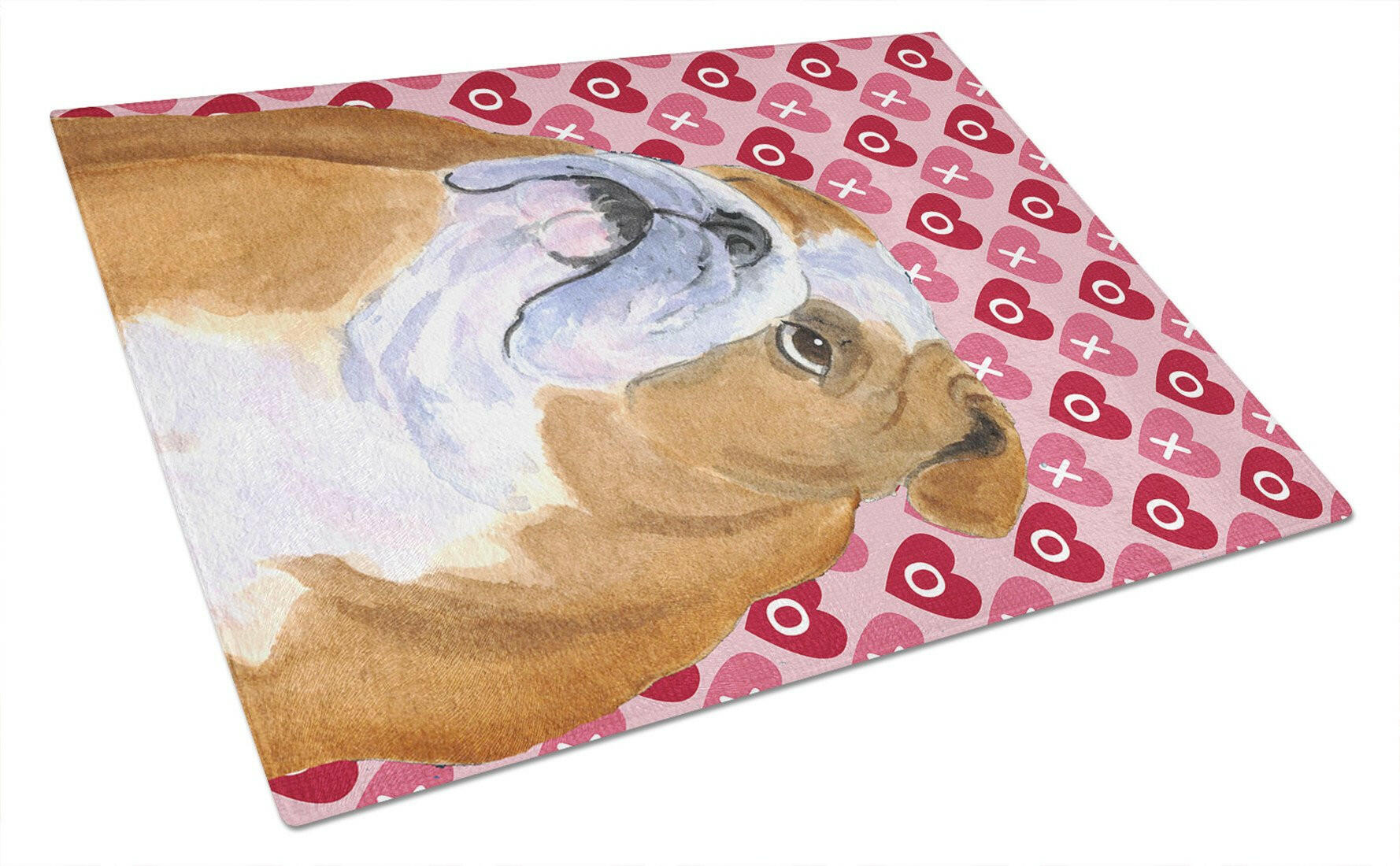 Bulldog English Hearts Love Valentine's Day Cutting Board Tempered Glass Kitchen Cutting Surface, Heat Resistant Chopping, Non-Slip Feet, Food Prep & Serving