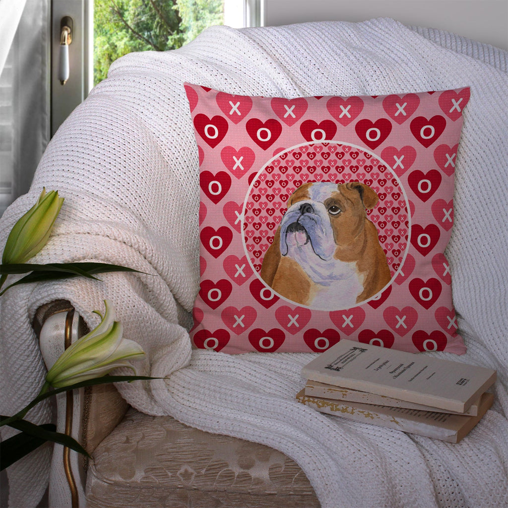 Bulldog English Hearts Love Valentine's Day Decorative Throw Pillow 14x14 Indoor Outdoor Accent Cushion, Fabric Cover with Insert for Sofa, Bed, Porch & Living Room