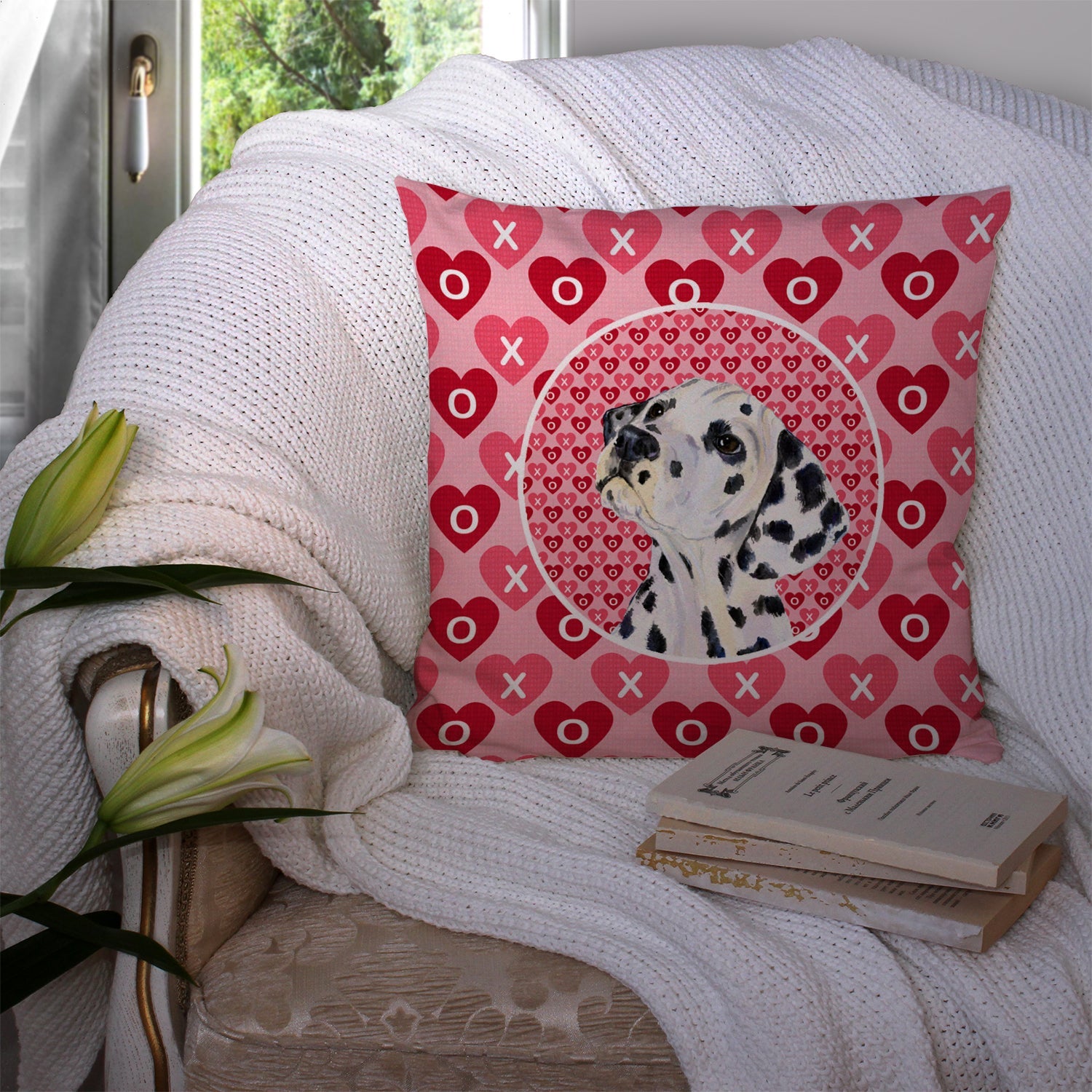 Dalmatian Hearts Love and Valentine's Day Portrait Decorative Throw Pillow 14x14 Indoor Outdoor Accent Cushion, Fabric Cover with Insert for Sofa, Bed, Porch & Living Room