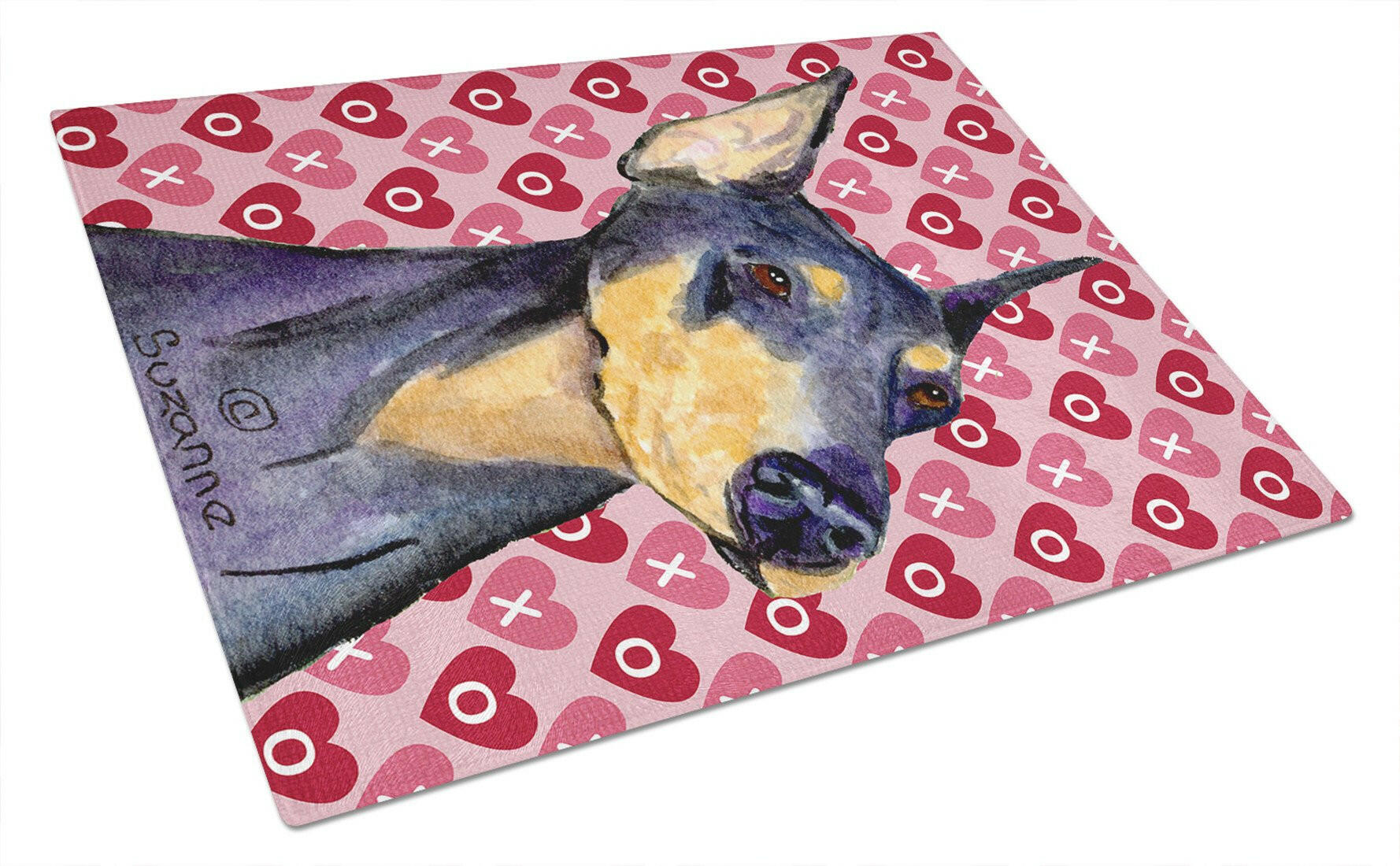 Doberman Hearts Love and Valentine's Day Portrait Cutting Board Tempered Glass Kitchen Cutting Surface, Heat Resistant Chopping, Non-Slip Feet, Food Prep & Serving