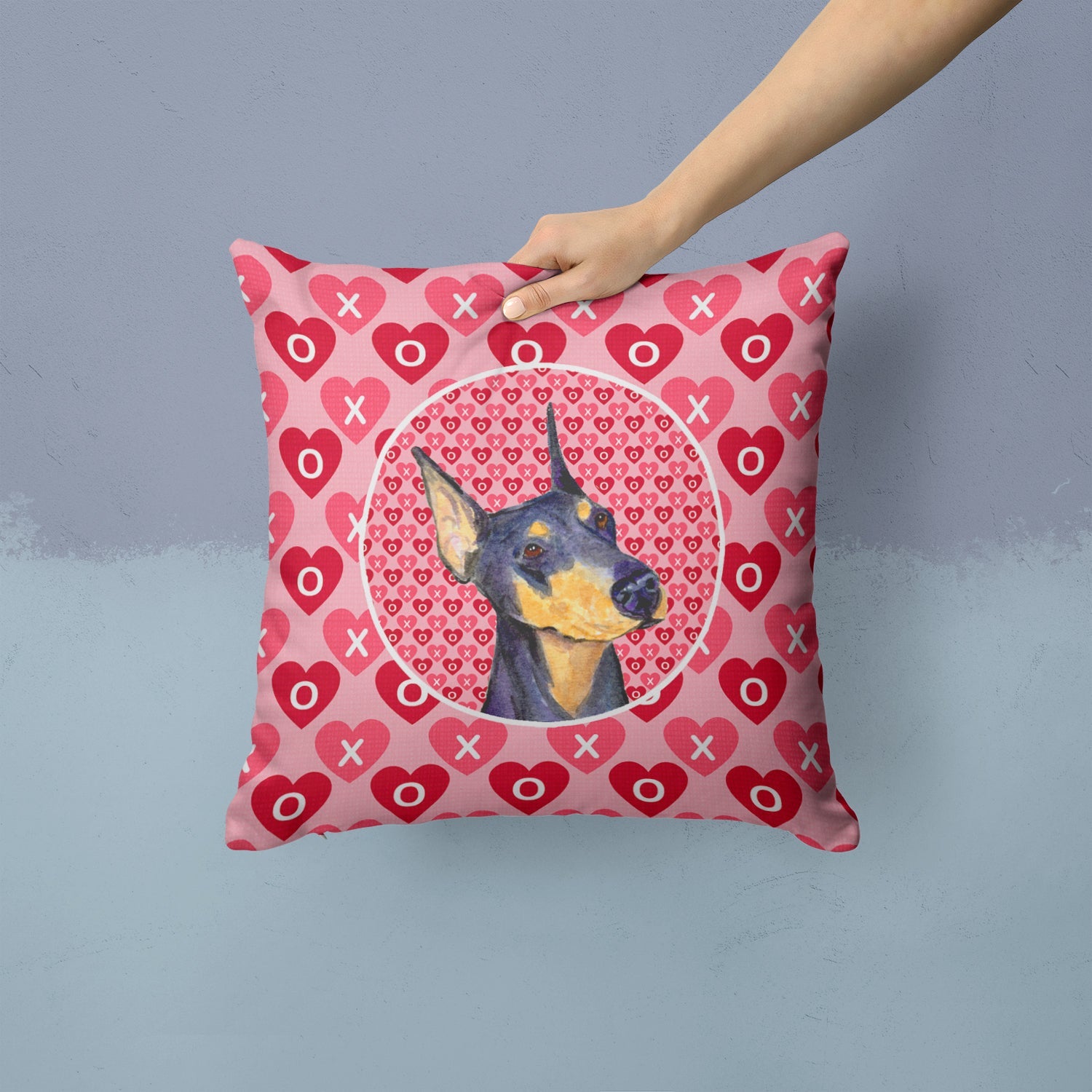Doberman Hearts Love and Valentine's Day Portrait Decorative Throw Pillow 14x14 Indoor Outdoor Accent Cushion, Fabric Cover with Insert for Sofa, Bed, Porch & Living Room