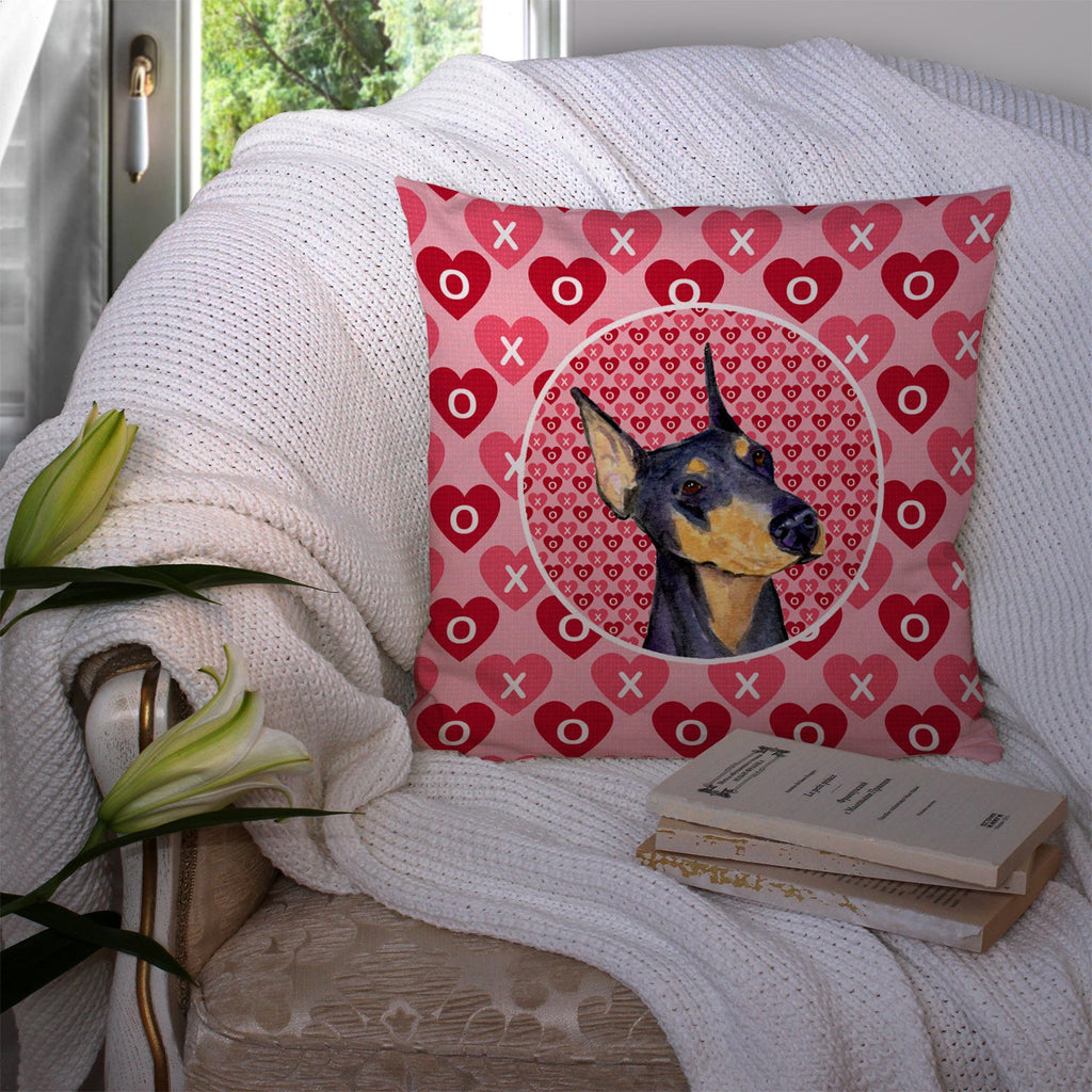Doberman Hearts Love and Valentine's Day Portrait Decorative Throw Pillow 14x14 Indoor Outdoor Accent Cushion, Fabric Cover with Insert for Sofa, Bed, Porch & Living Room
