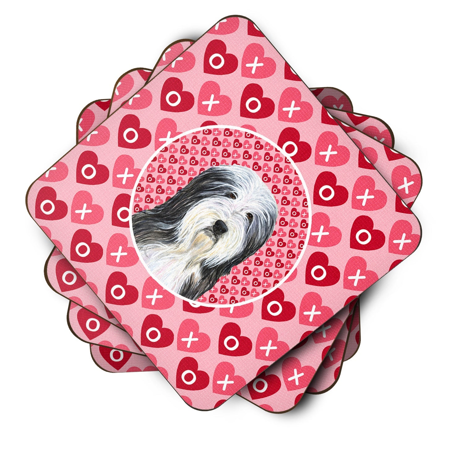 Bearded Collie Hearts Love and Valentine's Day Portrait Foam Coasters Set of 4 Cup Coasters for Indoor Outdoor, Tabletop Protection, Anti Slip, Mouse pad Material