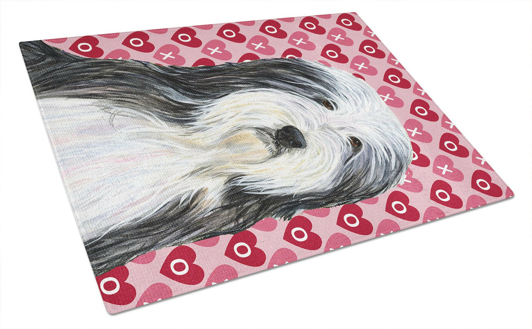 Bearded Collie Hearts Love and Valentine's Day Portrait Cutting Board Tempered Glass Kitchen Cutting Surface, Heat Resistant Chopping, Non-Slip Feet, Food Prep & Serving