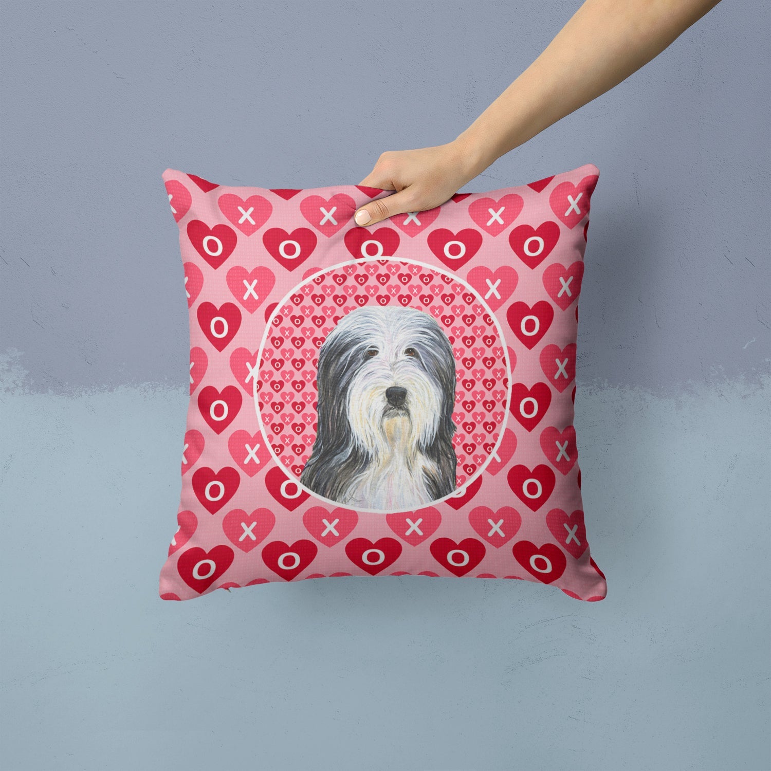 Bearded Collie Hearts Love and Valentine's Day Portrait Decorative Throw Pillow 14x14 Indoor Outdoor Accent Cushion, Fabric Cover with Insert for Sofa, Bed, Porch & Living Room