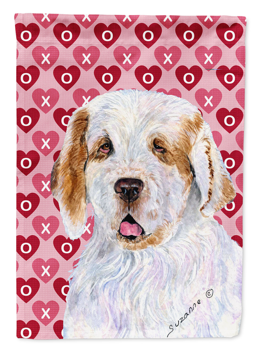 Clumber Spaniel Hearts Love and Valentine's Day Portrait House Flag 28x40 Porch Sleeve Pole Decorative Outside Yard Banner Artwork Wall Hanging, Polyester