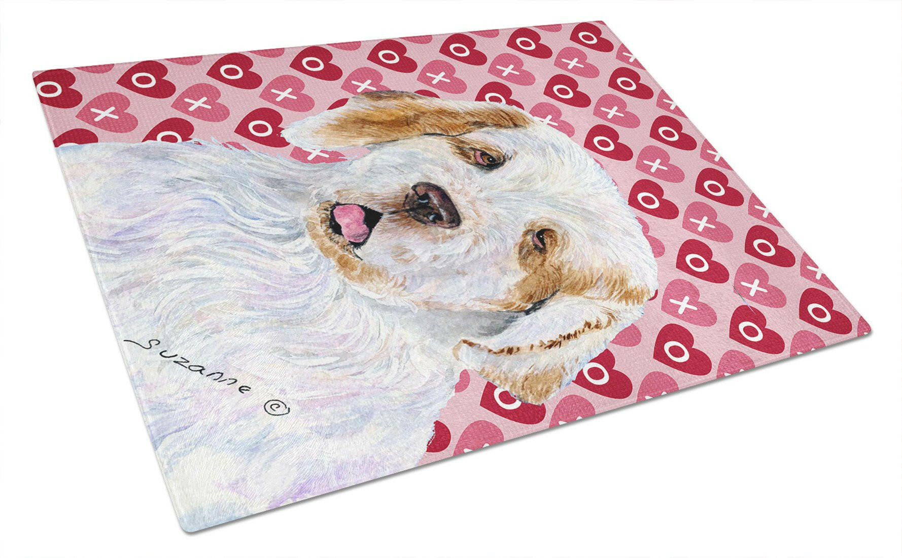 Clumber Spaniel Hearts Love and Valentine's Day Portrait Cutting Board Tempered Glass Kitchen Cutting Surface, Heat Resistant Chopping, Non-Slip Feet, Food Prep & Serving