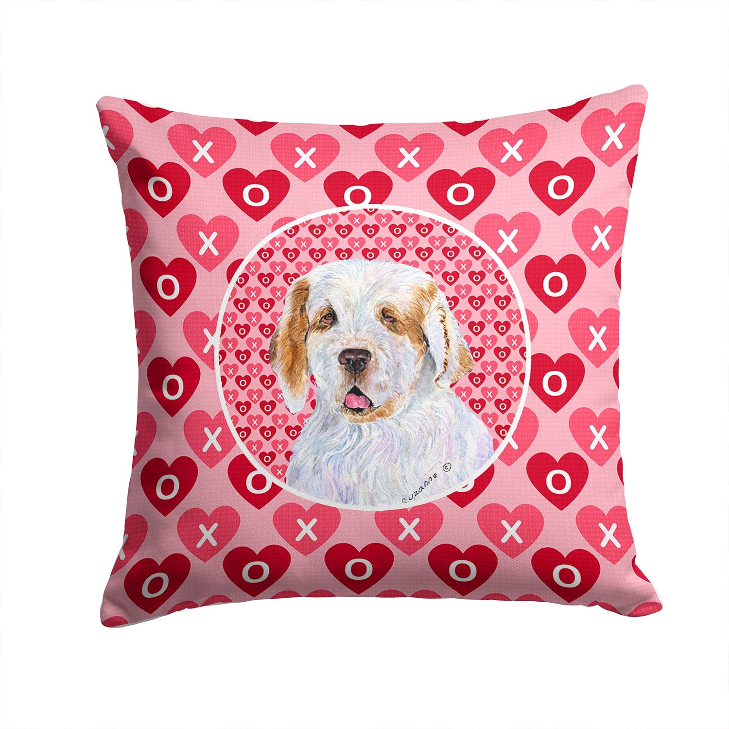 Clumber Spaniel Hearts Love and Valentine's Day Portrait Decorative Throw Pillow 14x14 Indoor Outdoor Accent Cushion, Fabric Cover with Insert for Sofa, Bed, Porch & Living Room