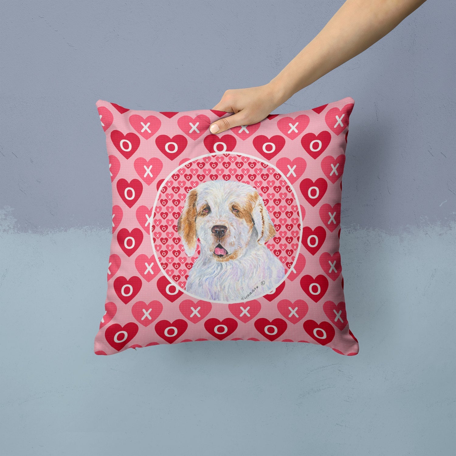 Clumber Spaniel Hearts Love and Valentine's Day Portrait Decorative Throw Pillow 14x14 Indoor Outdoor Accent Cushion, Fabric Cover with Insert for Sofa, Bed, Porch & Living Room