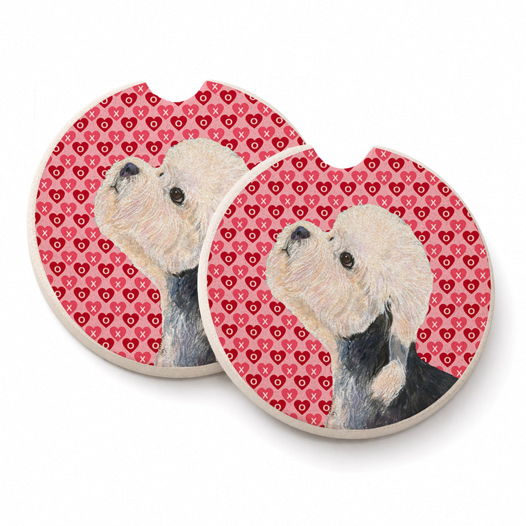 Dandie Dinmont Terrier Hearts Love Valentine's Day Set of 2 Cup Holder Car Coasters Absorbent Round Sandstone Coasters Gifts for Men or Women, 2.5, Multicolor