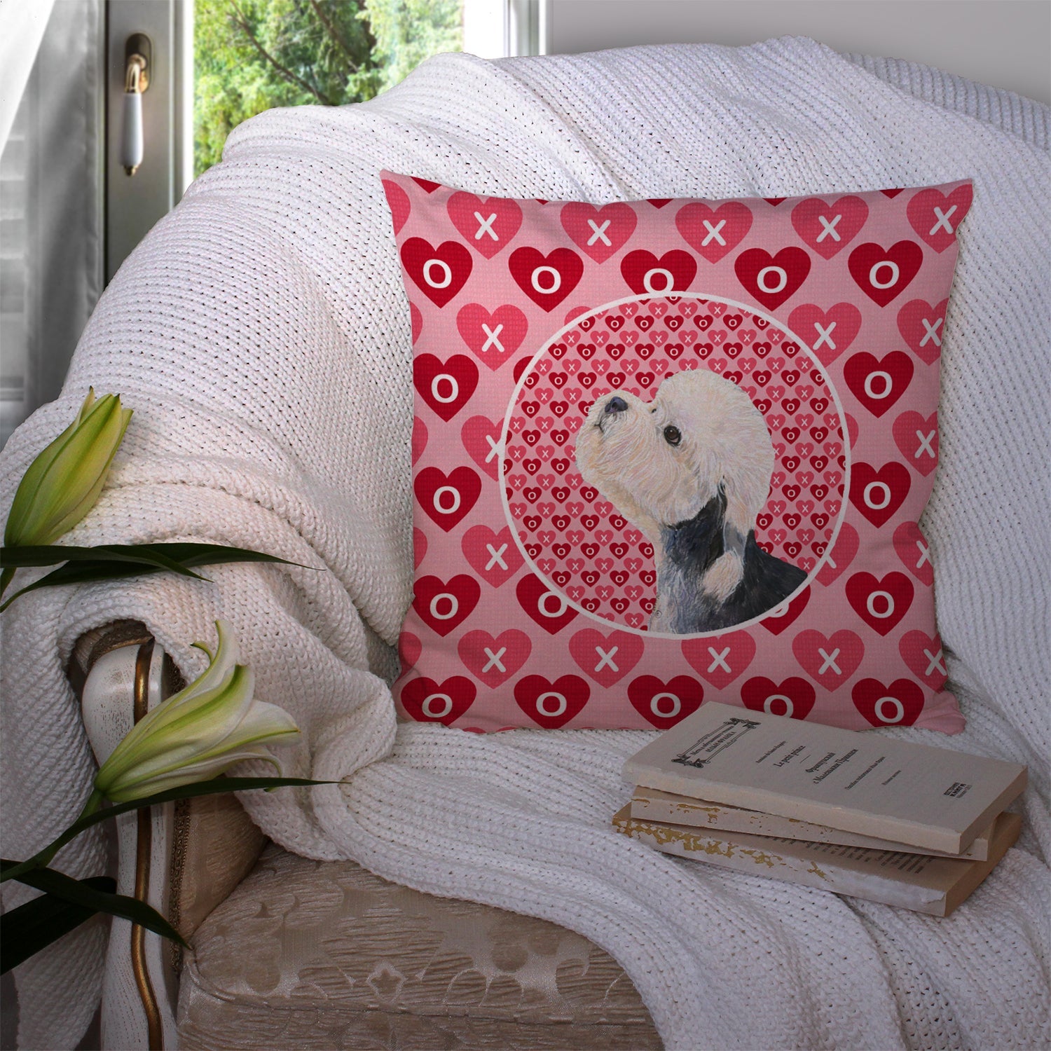 Dandie Dinmont Terrier Hearts Love Valentine's Day Decorative Throw Pillow 14x14 Indoor Outdoor Accent Cushion, Fabric Cover with Insert for Sofa, Bed, Porch & Living Room
