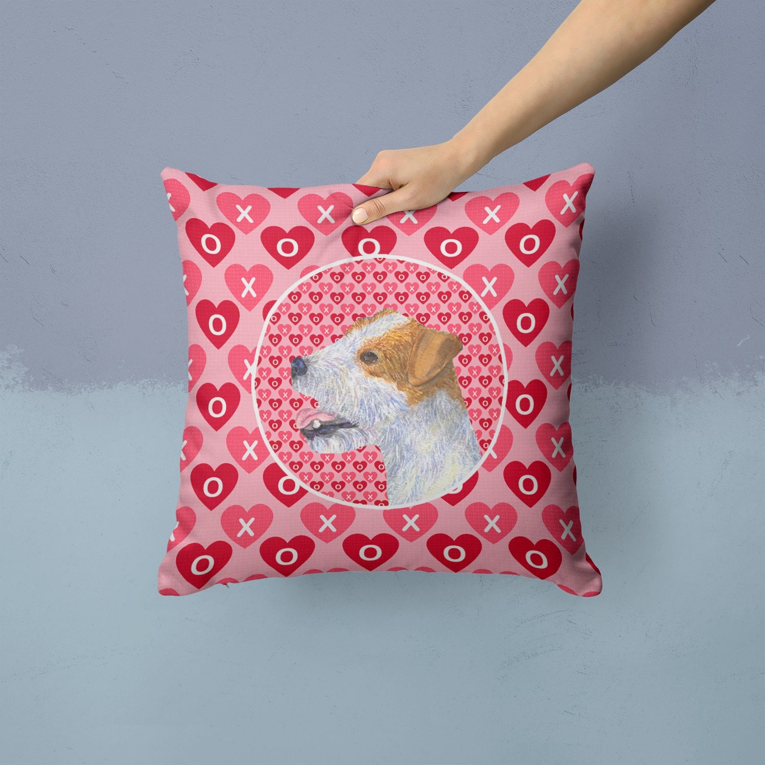 Jack Russell Terrier Hearts Love and Valentine's Day Portrait Decorative Throw Pillow 14x14 Indoor Outdoor Accent Cushion, Fabric Cover with Insert for Sofa, Bed, Porch & Living Room