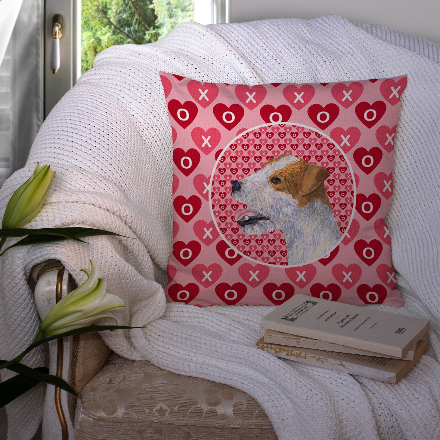 Jack Russell Terrier Hearts Love and Valentine's Day Portrait Decorative Throw Pillow 14x14 Indoor Outdoor Accent Cushion, Fabric Cover with Insert for Sofa, Bed, Porch & Living Room