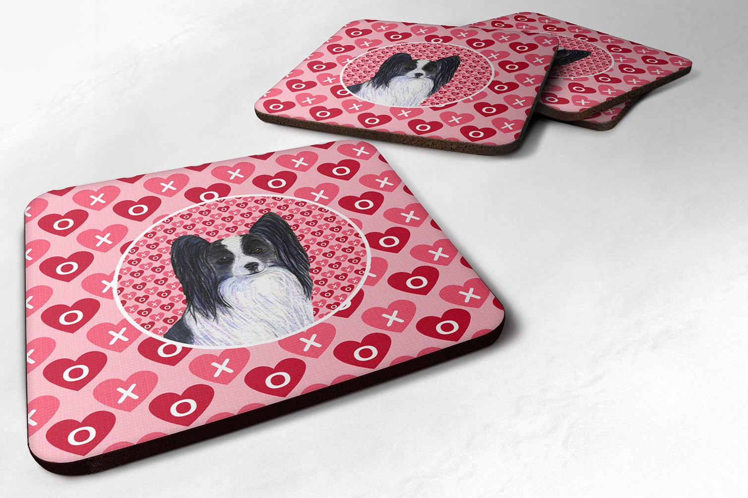 Papillon Hearts Love and Valentine's Day Portrait Foam Coasters Set of 4 Cup Coasters for Indoor Outdoor, Tabletop Protection, Anti Slip, Mouse pad Material