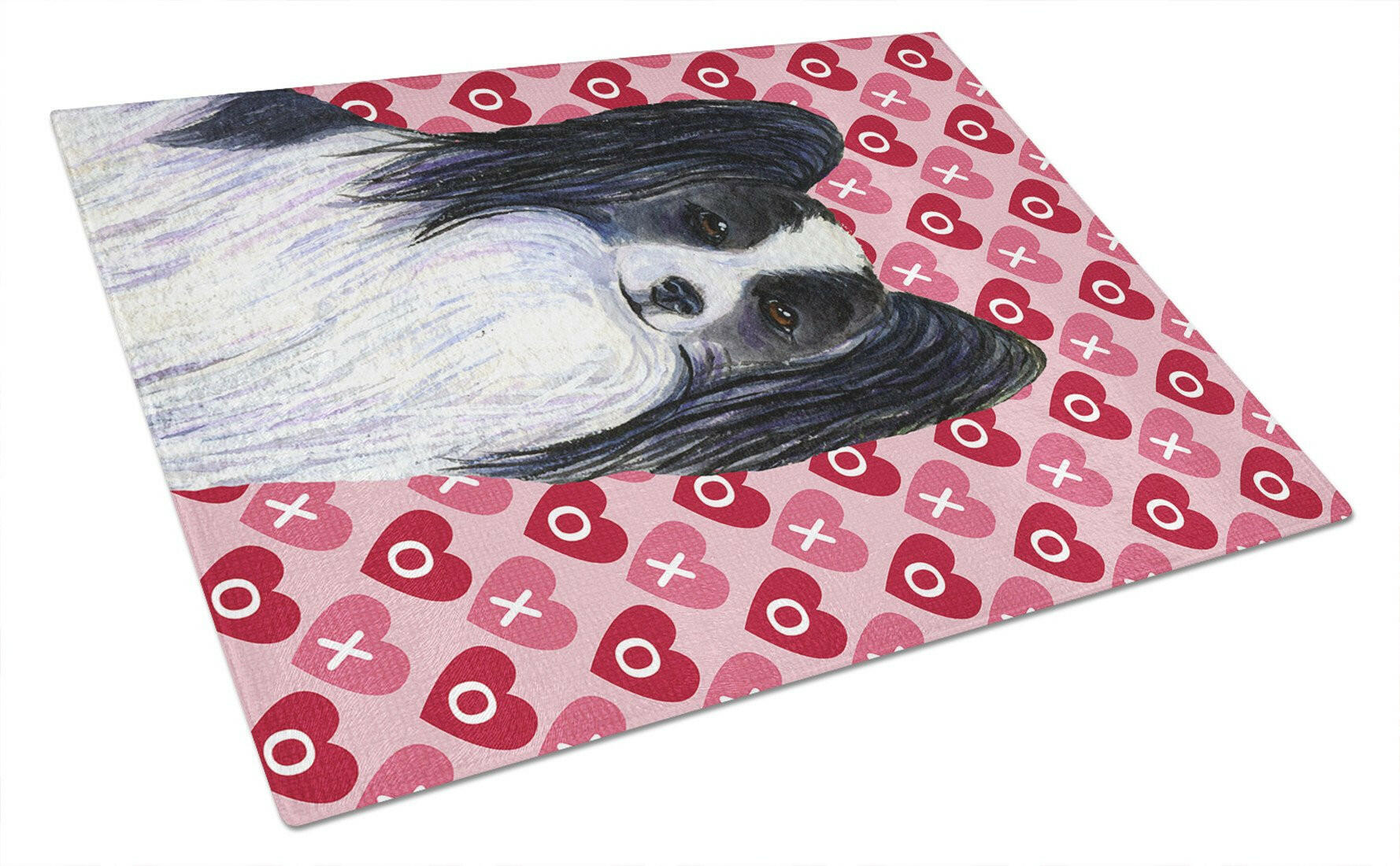 Papillon Hearts Love and Valentine's Day Portrait Cutting Board Tempered Glass Kitchen Cutting Surface, Heat Resistant Chopping, Non-Slip Feet, Food Prep & Serving