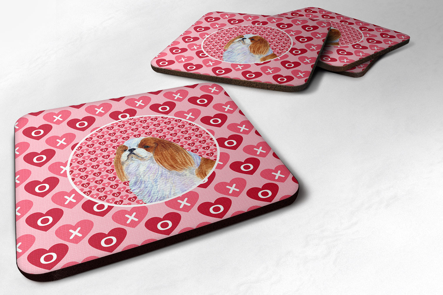 English Toy Spaniel Hearts Love and Valentine's Day Portrait Foam Coasters Set of 4 Cup Coasters for Indoor Outdoor, Tabletop Protection, Anti Slip, Mouse pad Material