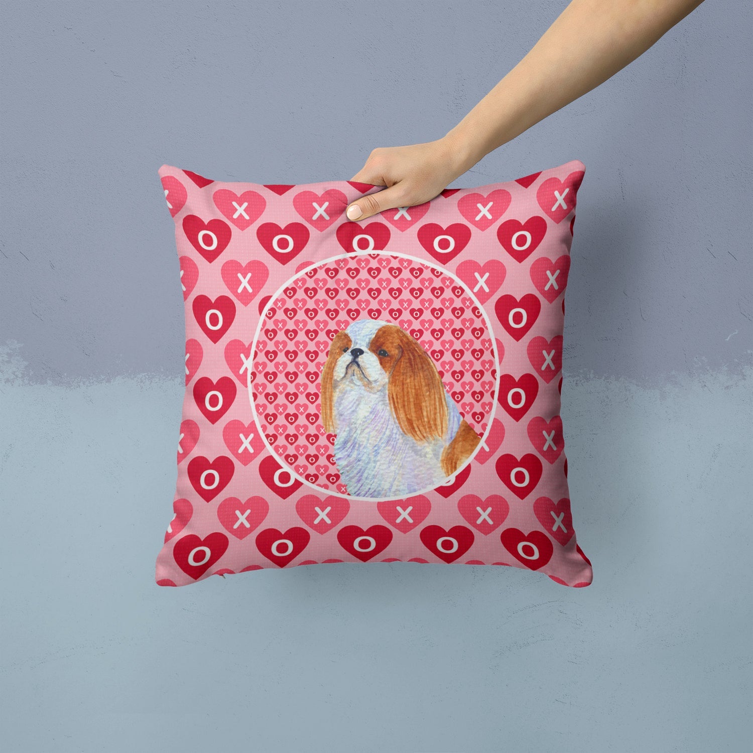 English Toy Spaniel Hearts Love and Valentine's Day Portrait Decorative Throw Pillow 14x14 Indoor Outdoor Accent Cushion, Fabric Cover with Insert for Sofa, Bed, Porch & Living Room