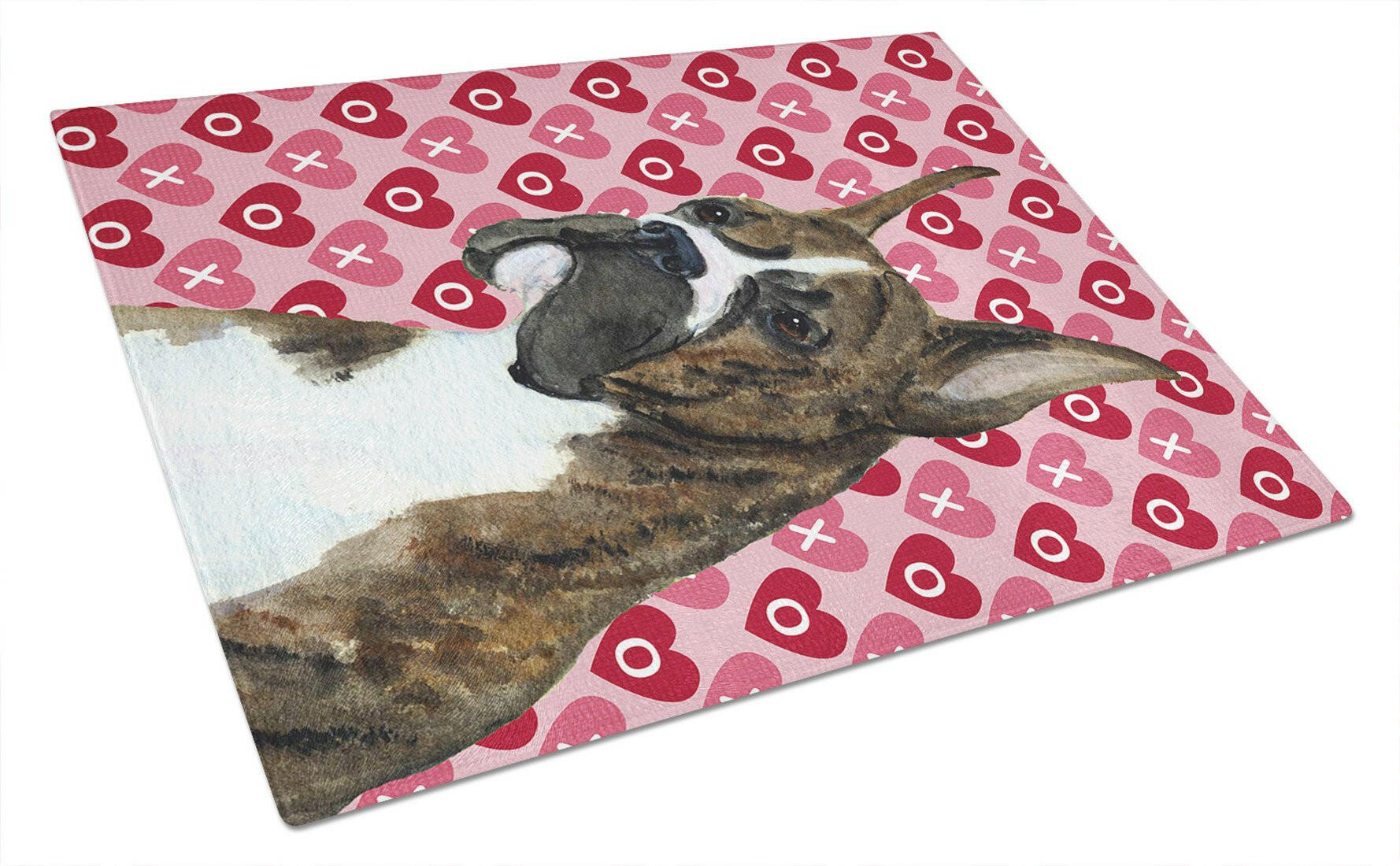 Boxer Hearts Love and Valentine's Day Portrait Cutting Board Tempered Glass Kitchen Cutting Surface, Heat Resistant Chopping, Non-Slip Feet, Food Prep & Serving