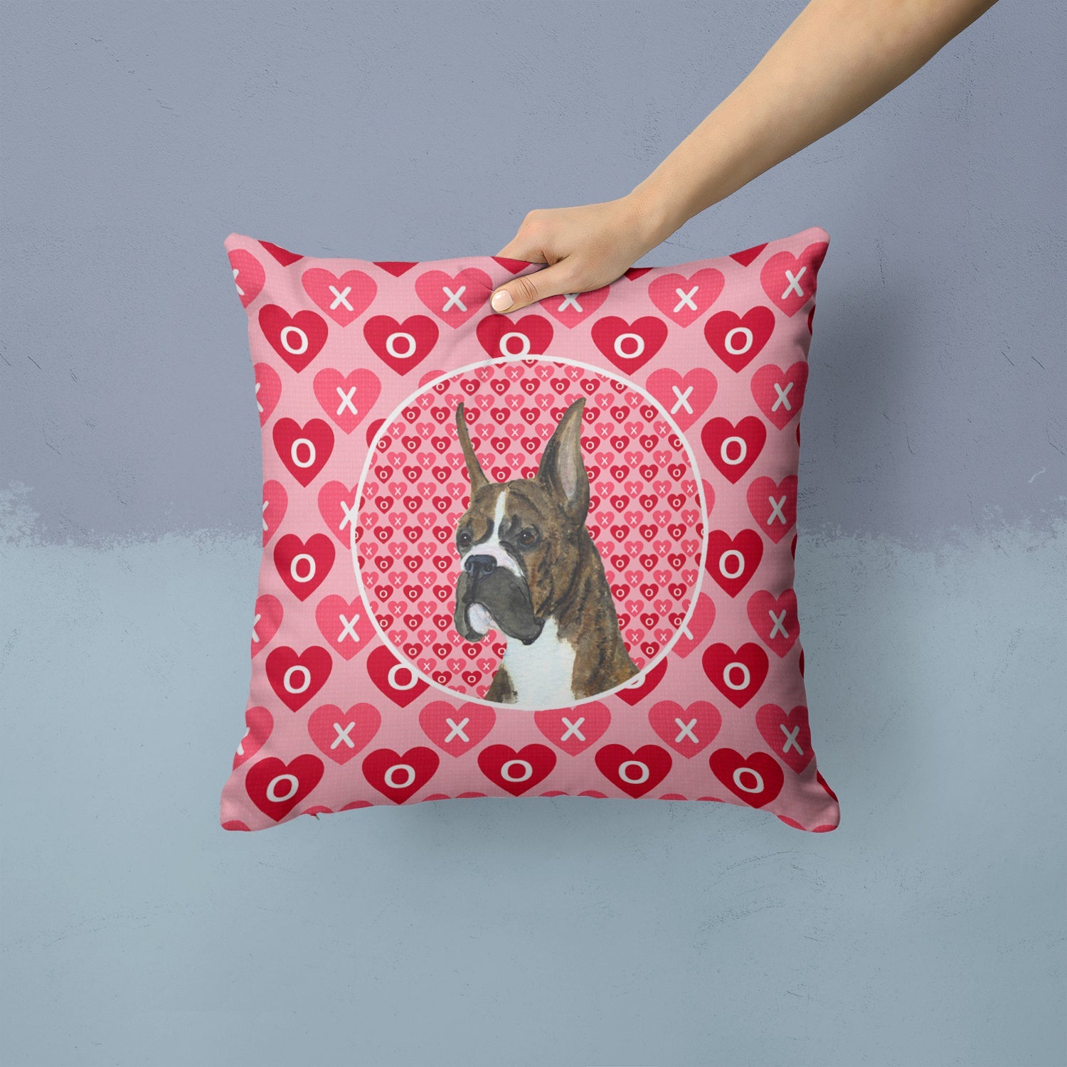 Boxer Hearts Love and Valentine's Day Portrait Decorative Throw Pillow 14x14 Indoor Outdoor Accent Cushion, Fabric Cover with Insert for Sofa, Bed, Porch & Living Room