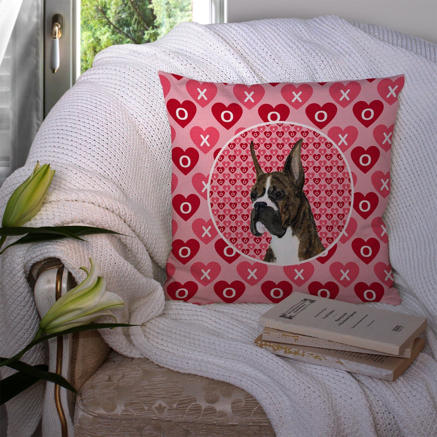 Boxer Hearts Love and Valentine's Day Portrait Decorative Throw Pillow 14x14 Indoor Outdoor Accent Cushion, Fabric Cover with Insert for Sofa, Bed, Porch & Living Room