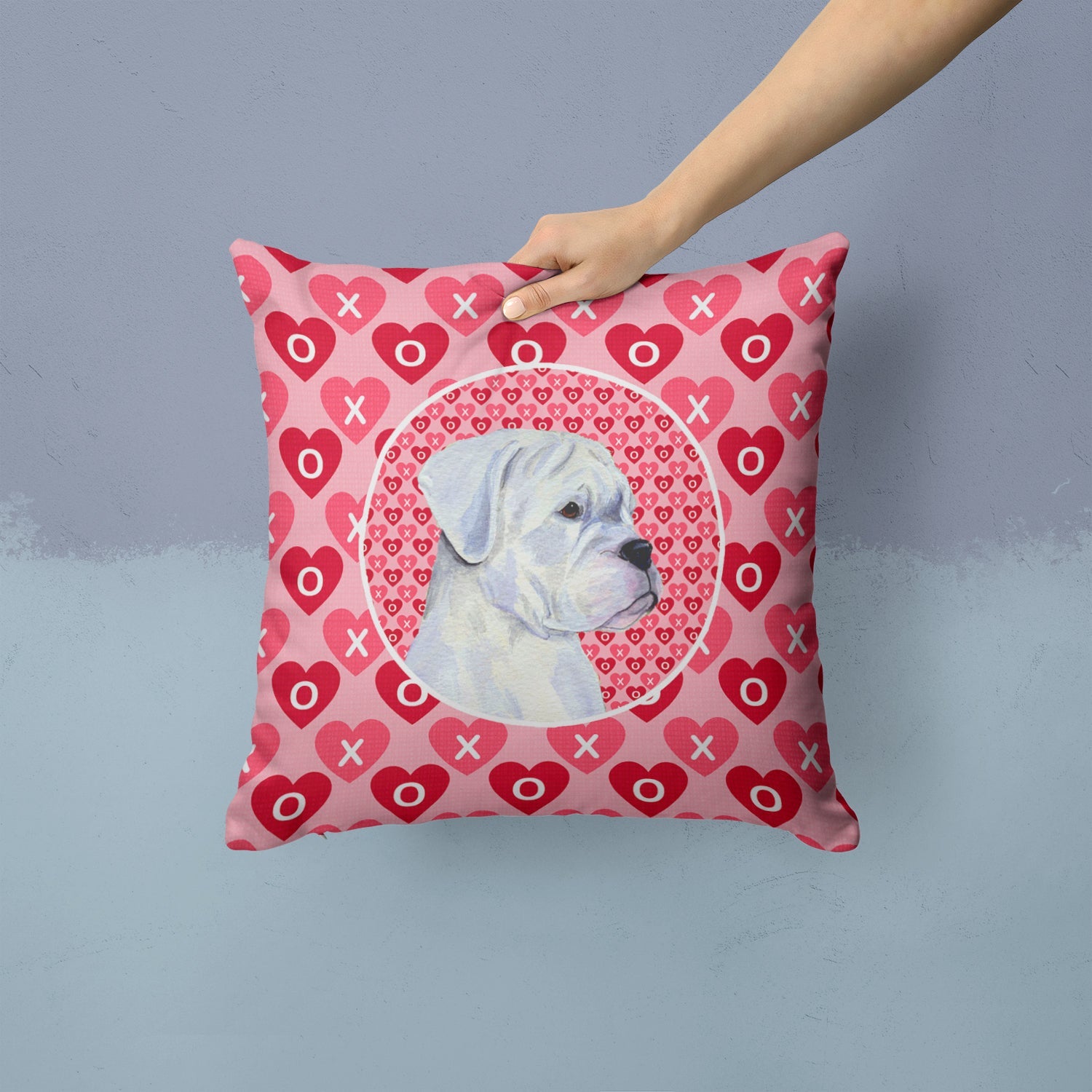 Boxer Hearts Love and Valentine's Day Portrait Decorative Throw Pillow 14x14 Indoor Outdoor Accent Cushion, Fabric Cover with Insert for Sofa, Bed, Porch & Living Room