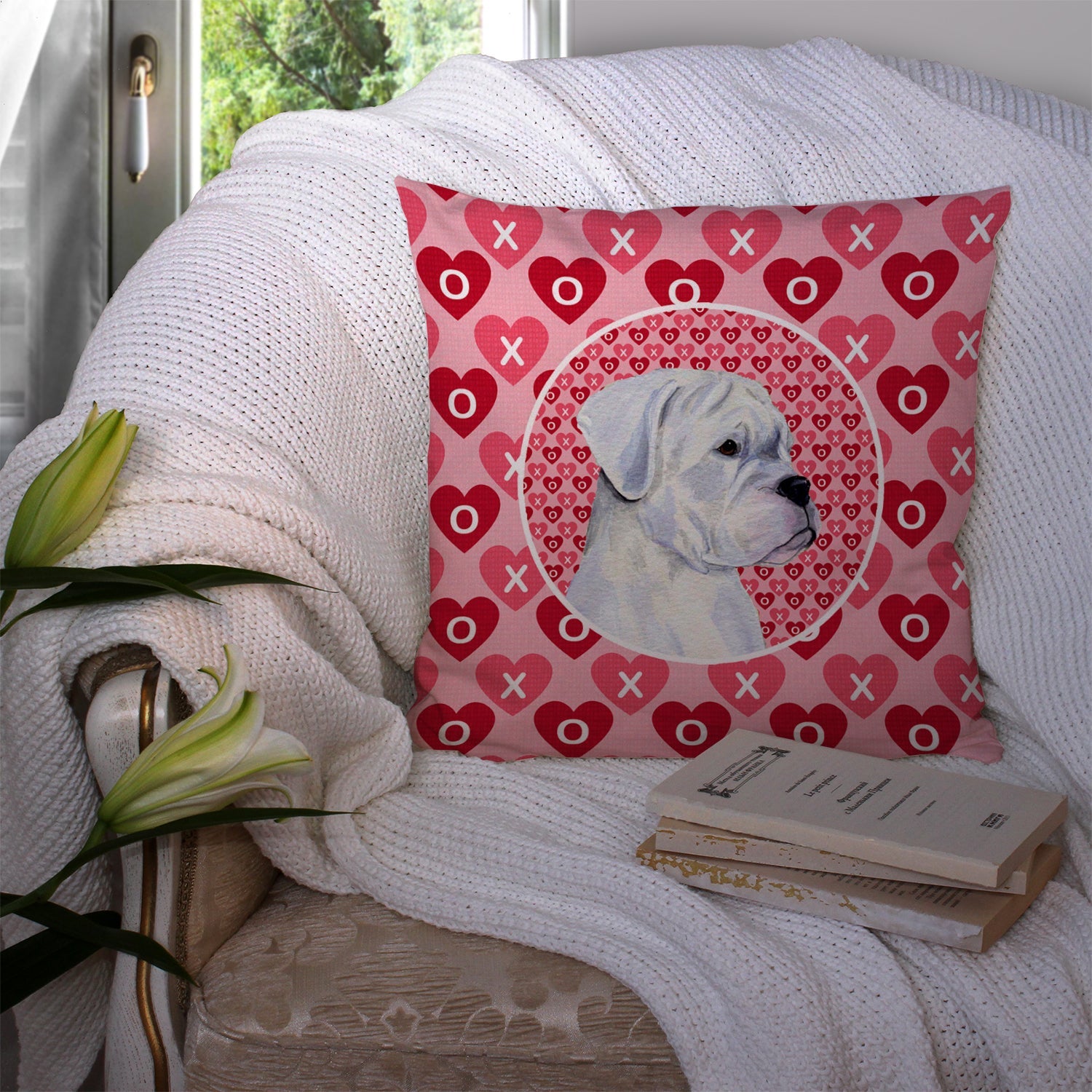 Boxer Hearts Love and Valentine's Day Portrait Decorative Throw Pillow 14x14 Indoor Outdoor Accent Cushion, Fabric Cover with Insert for Sofa, Bed, Porch & Living Room