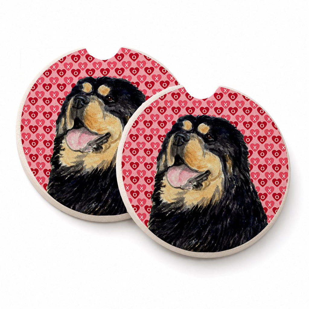 Tibetan Mastiff Hearts Love Valentine's Day Set of 2 Cup Holder Car Coasters Absorbent Round Sandstone Coasters Gifts for Men or Women, 2.5, Multicolor