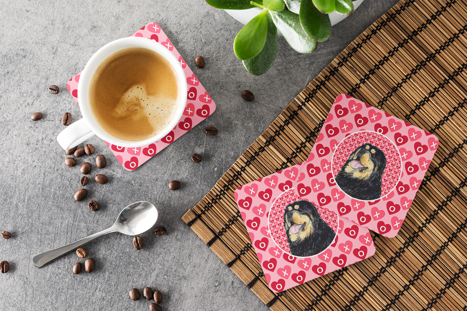 Tibetan Mastiff Hearts Love Valentine's Day Foam Coasters Set of 4 Cup Coasters for Indoor Outdoor, Tabletop Protection, Anti Slip, Mouse pad Material