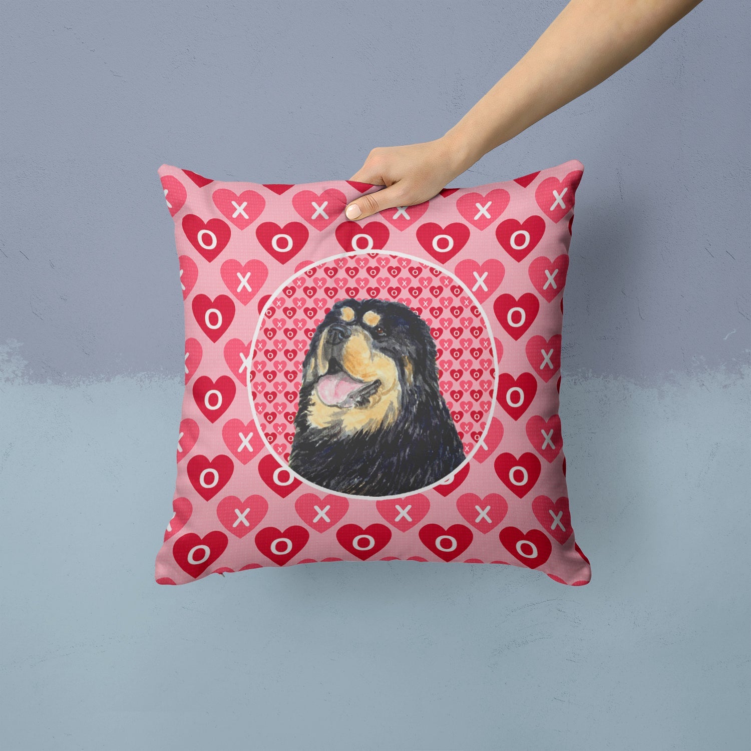 Tibetan Mastiff Hearts Love Valentine's Day Decorative Throw Pillow 14x14 Indoor Outdoor Accent Cushion, Fabric Cover with Insert for Sofa, Bed, Porch & Living Room