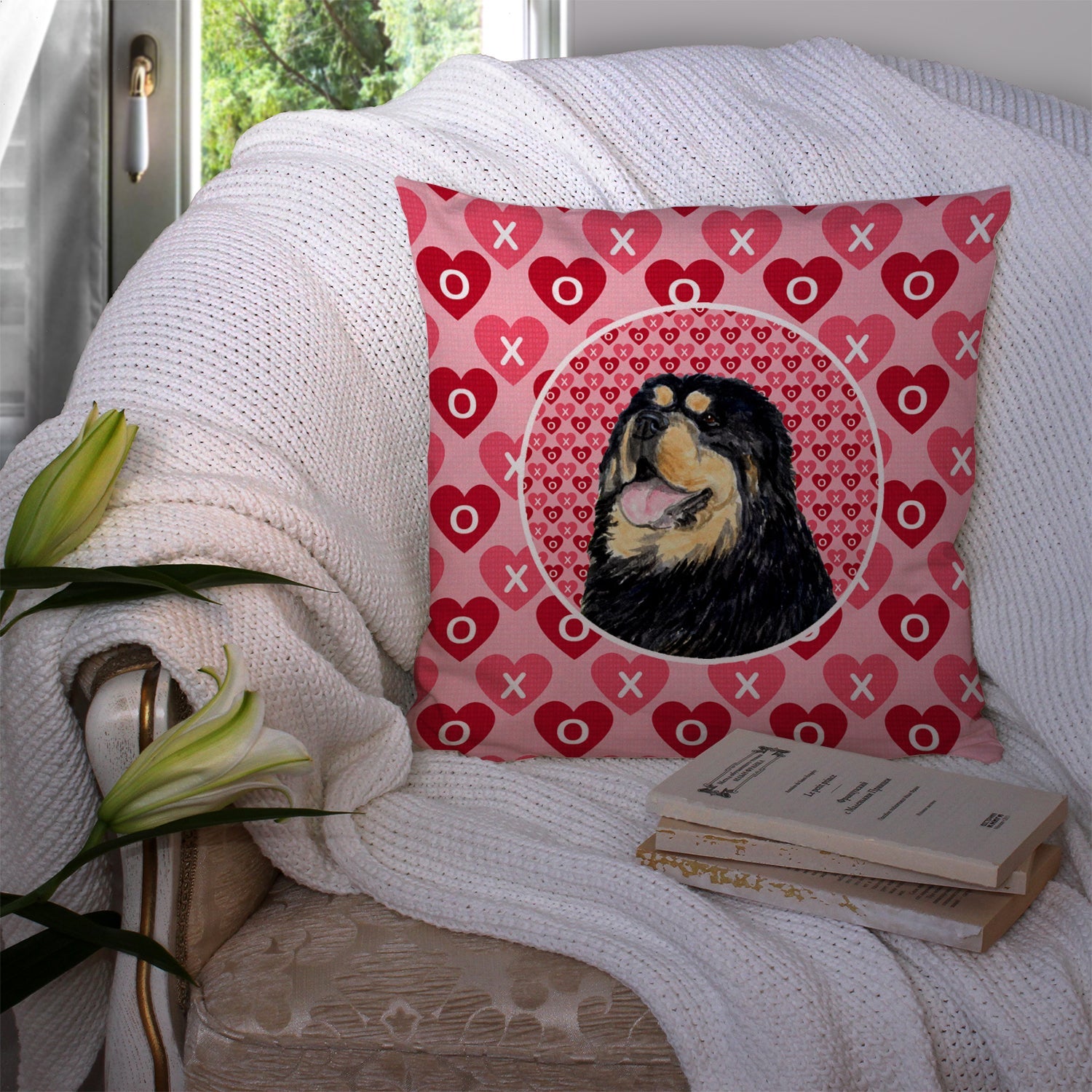 Tibetan Mastiff Hearts Love Valentine's Day Decorative Throw Pillow 14x14 Indoor Outdoor Accent Cushion, Fabric Cover with Insert for Sofa, Bed, Porch & Living Room
