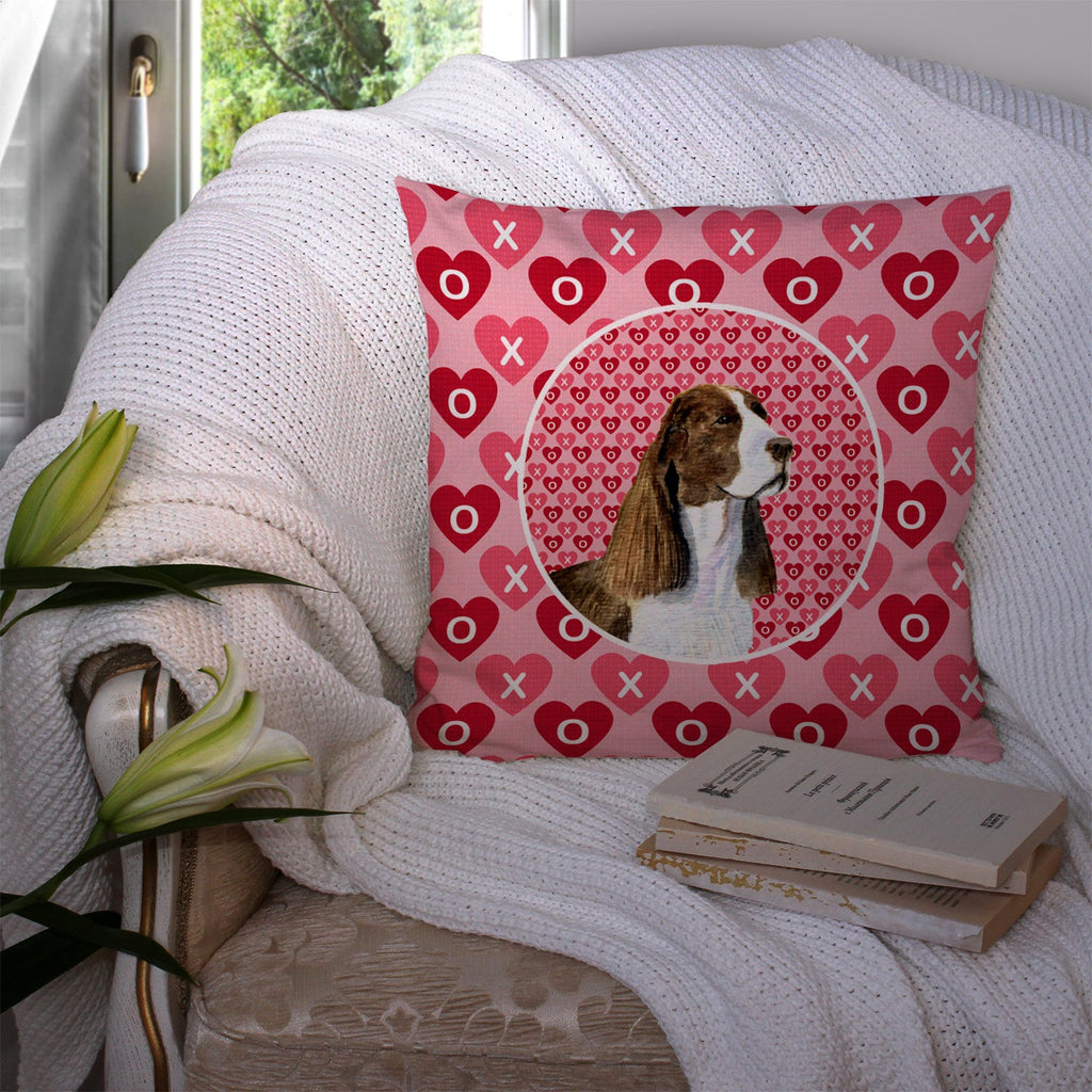 Springer Spaniel Hearts Love Valentine's Day Decorative Throw Pillow 14x14 Indoor Outdoor Accent Cushion, Fabric Cover with Insert for Sofa, Bed, Porch & Living Room