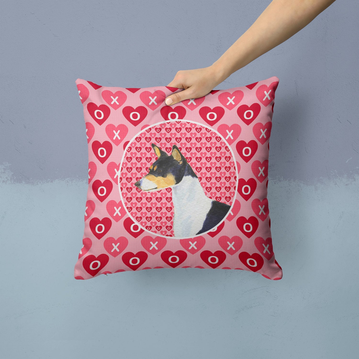 Basenji Hearts Love and Valentine's Day Portrait Decorative Throw Pillow 14x14 Indoor Outdoor Accent Cushion, Fabric Cover with Insert for Sofa, Bed, Porch & Living Room