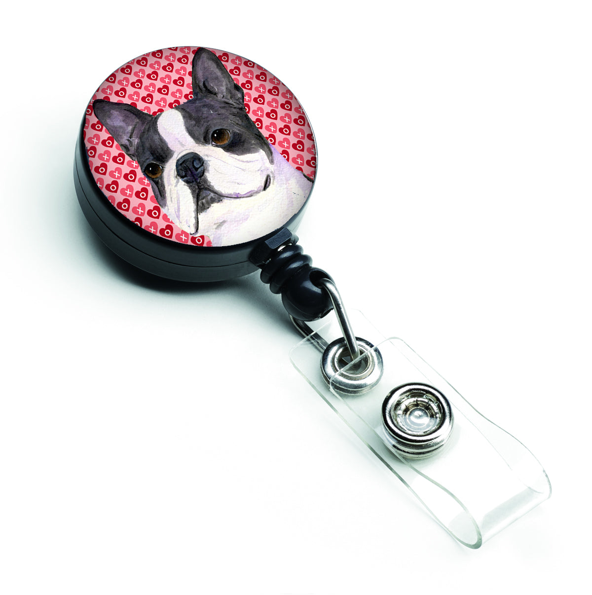 Boston Terrier Hearts Love Valentine's Day Retractable Badge Reel for Nurses ID Badge Holder with Clip Retractable Employee Badge Holder, Belt Clip