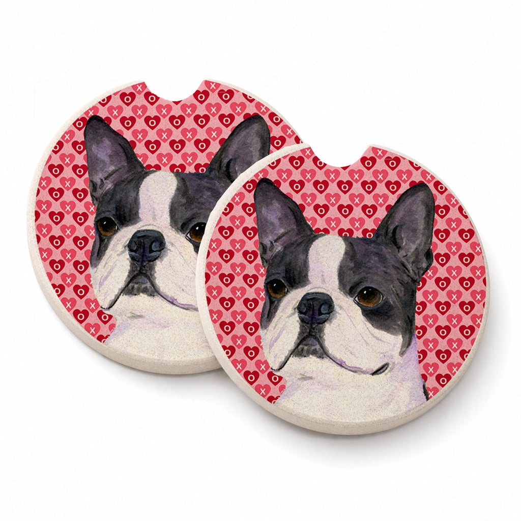 Boston Terrier Hearts Love Valentine's Day Set of 2 Cup Holder Car Coasters Absorbent Round Sandstone Coasters Gifts for Men or Women, 2.5, Multicolor