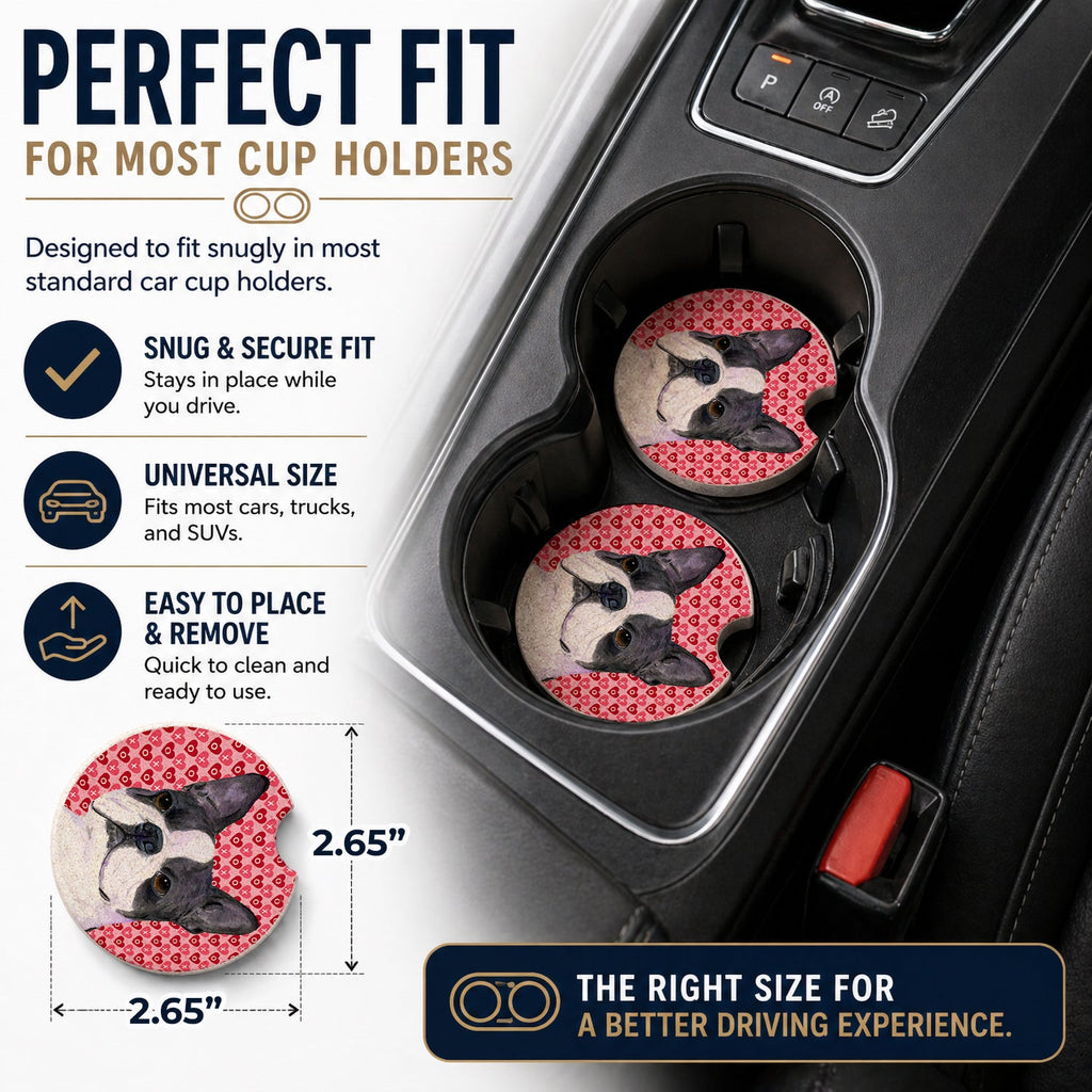 Boston Terrier Hearts Love Valentine's Day Set of 2 Cup Holder Car Coasters Absorbent Round Sandstone Coasters Gifts for Men or Women, 2.5, Multicolor
