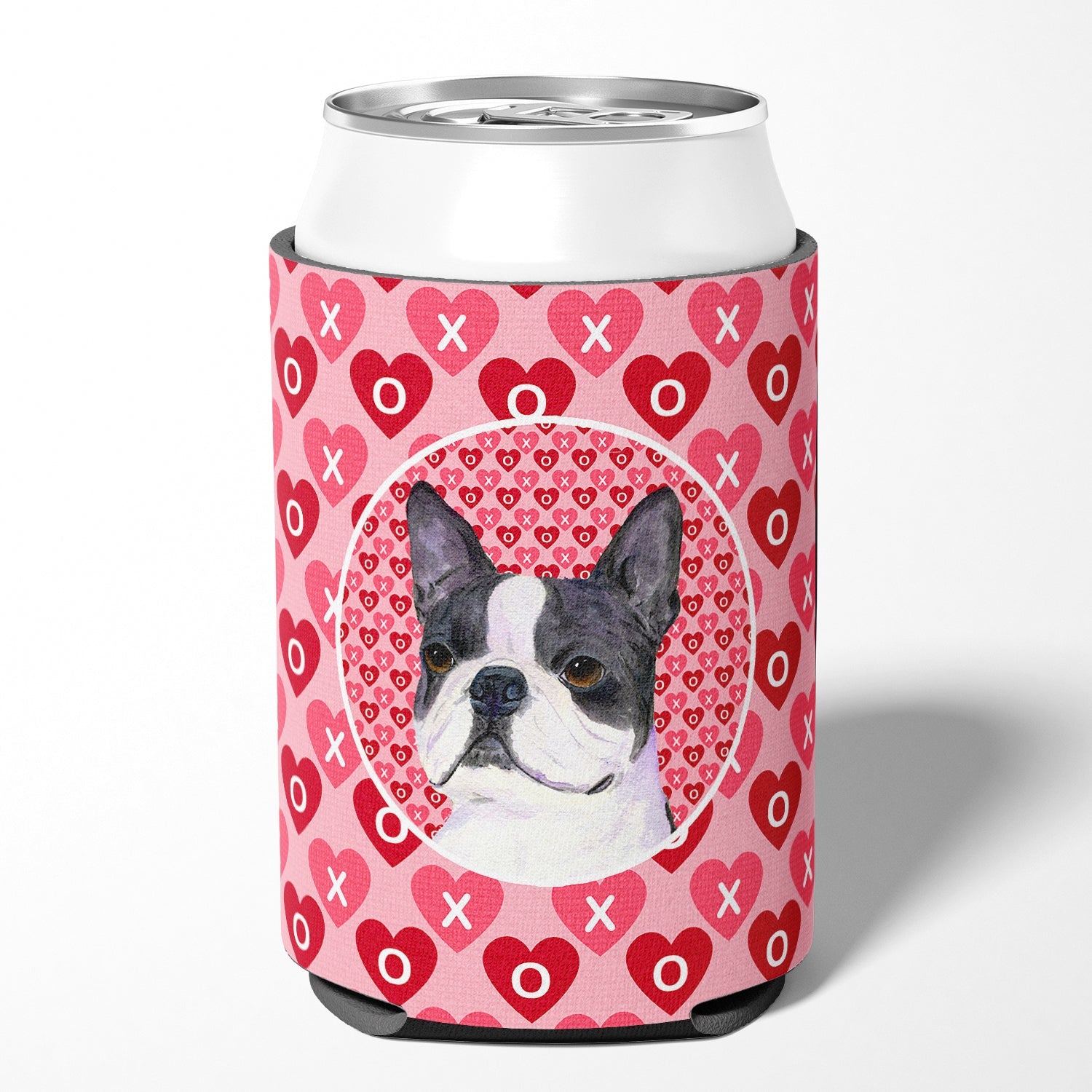 Boston Terrier Hearts Love Valentine's Day Can or Bottle Hugger Cooler Sleeve for Standard 12 oz Cans, Insulated Foam Beer & Soda Can Hugger Reusable