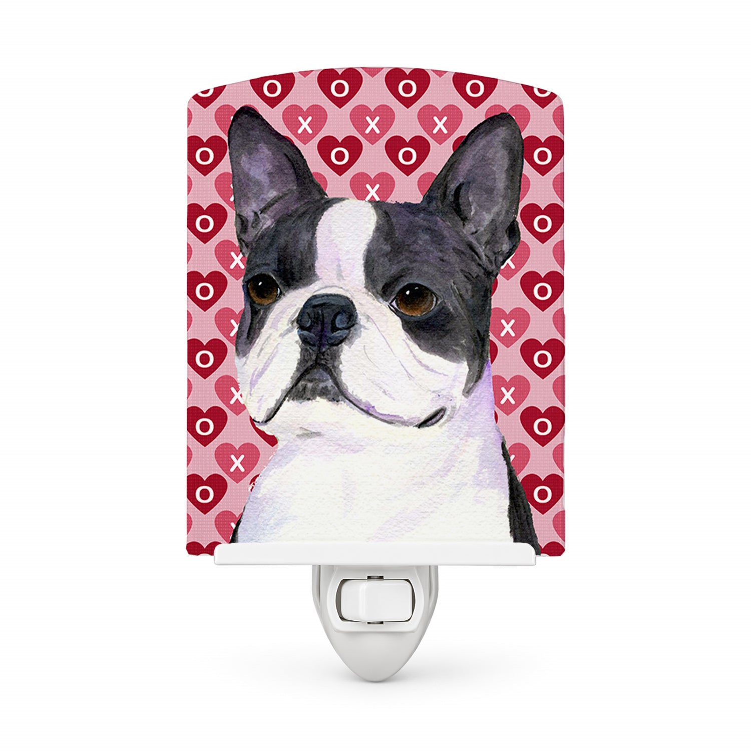 Boston Terrier Hearts Love Valentine's Day Ceramic Night Light Compact, UL-Certified, Ideal for Bedroom, Bathroom, Nursery, Hallway, Kitchen, 6x4x3, Multicolor