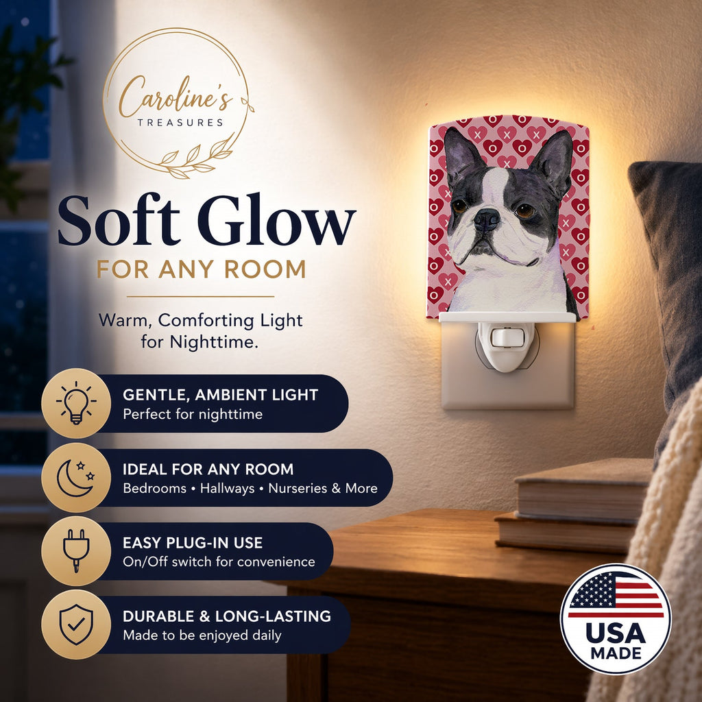 Boston Terrier Hearts Love Valentine's Day Ceramic Night Light Compact, UL-Certified, Ideal for Bedroom, Bathroom, Nursery, Hallway, Kitchen, 6x4x3, Multicolor