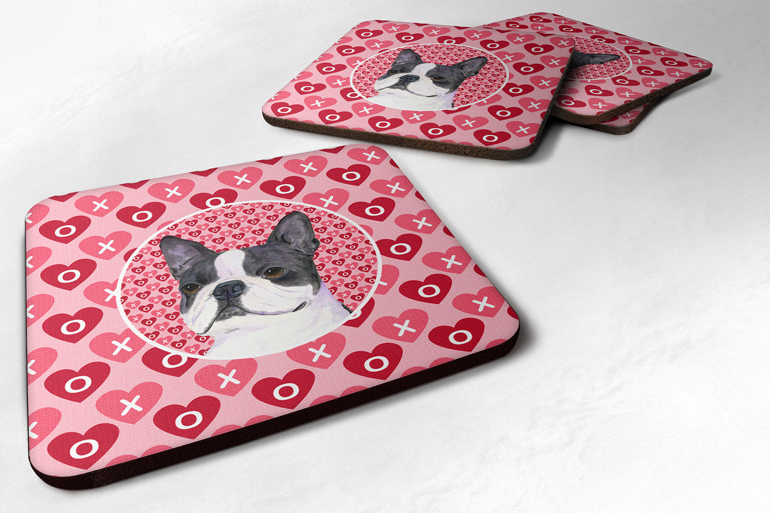 Boston Terrier Hearts Love Valentine's Day Foam Coasters Set of 4 Cup Coasters for Indoor Outdoor, Tabletop Protection, Anti Slip, Mouse pad Material