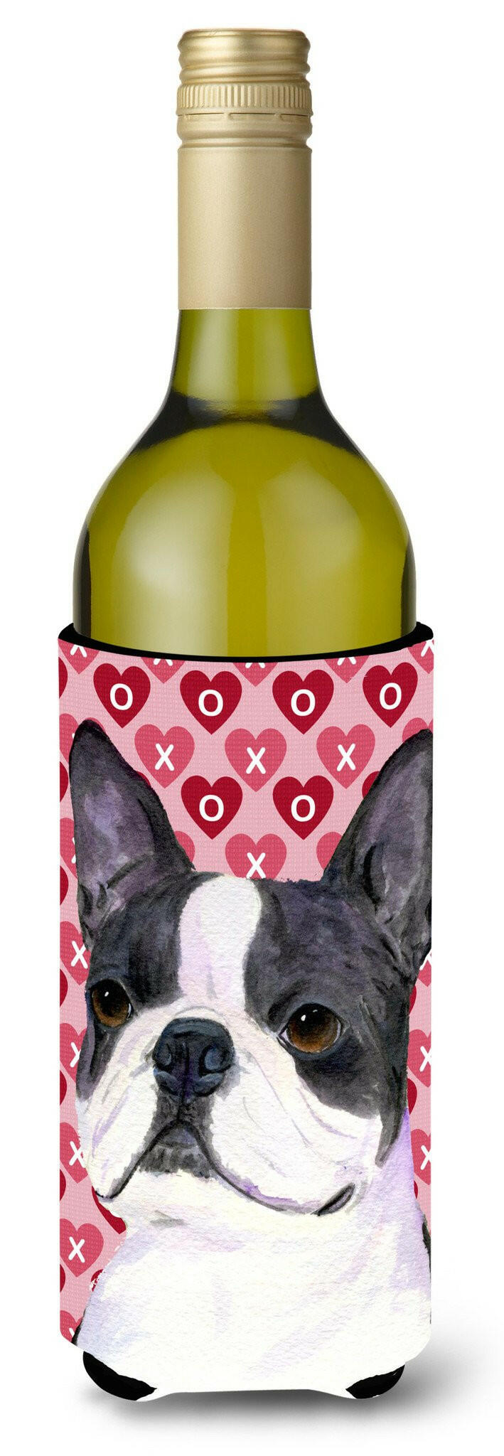 Boston Terrier Hearts Love Valentine's Day Wine Bottle Hugger Gift Sleeve for Standard 750 ml Bottles, Insulated Reusable Also Fits Mini Shot & Pint Bottles
