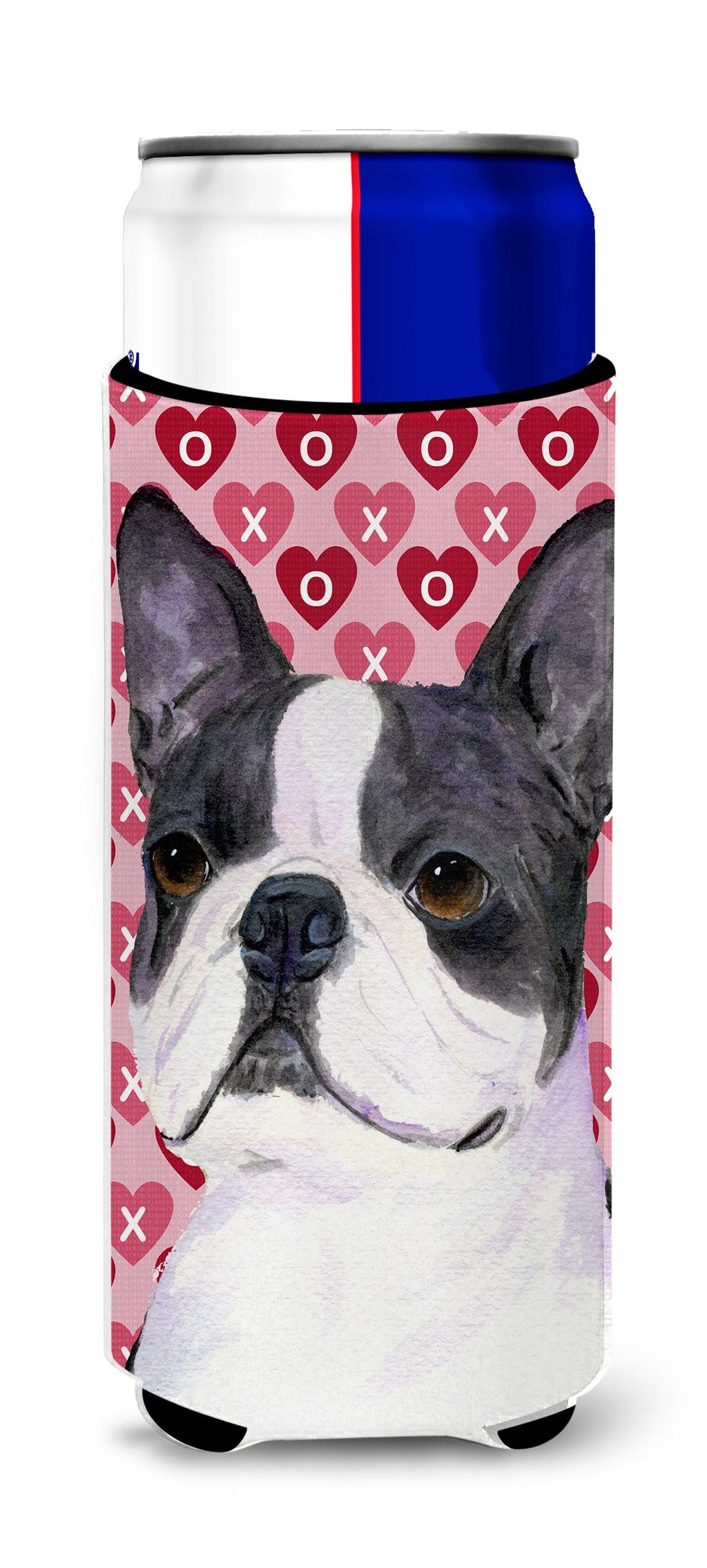 Boston Terrier Hearts Love Valentine's Day Slim Can Hugger , Insulated Foam Hugger for 12 oz Slim Cans, Beer Bottles & Water Bottles, Printed in USA