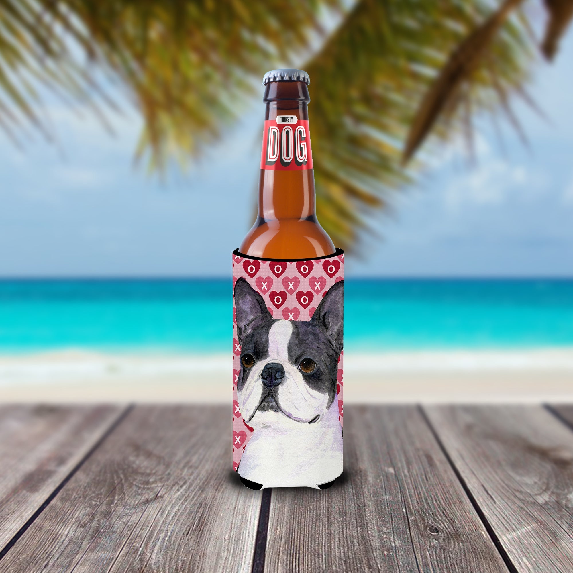 Boston Terrier Hearts Love Valentine's Day Slim Can Hugger , Insulated Foam Hugger for 12 oz Slim Cans, Beer Bottles & Water Bottles, Printed in USA