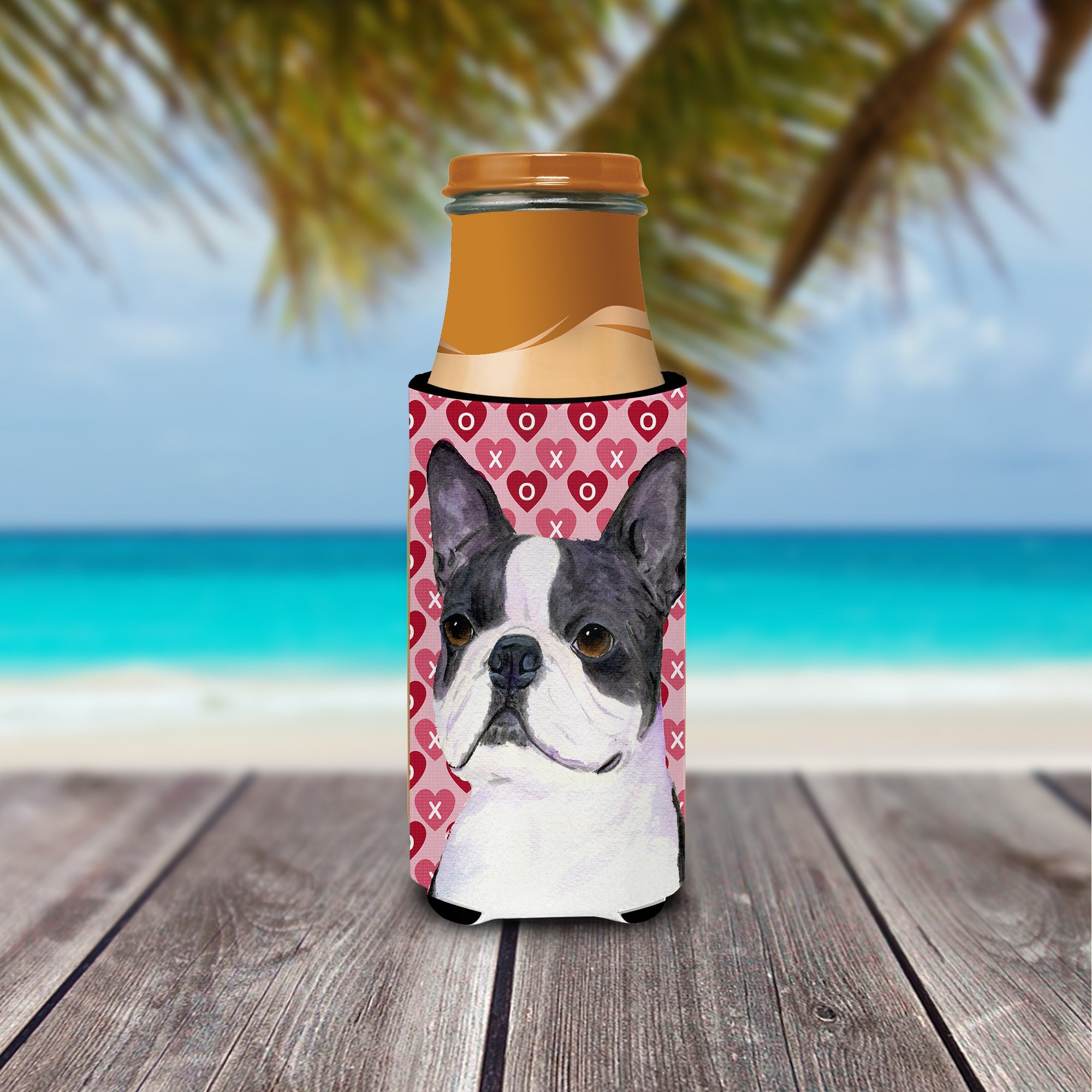 Boston Terrier Hearts Love Valentine's Day Slim Can Hugger , Insulated Foam Hugger for 12 oz Slim Cans, Beer Bottles & Water Bottles, Printed in USA