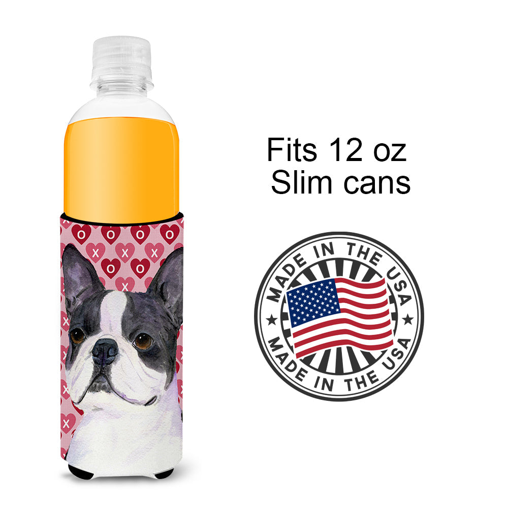 Boston Terrier Hearts Love Valentine's Day Slim Can Hugger , Insulated Foam Hugger for 12 oz Slim Cans, Beer Bottles & Water Bottles, Printed in USA