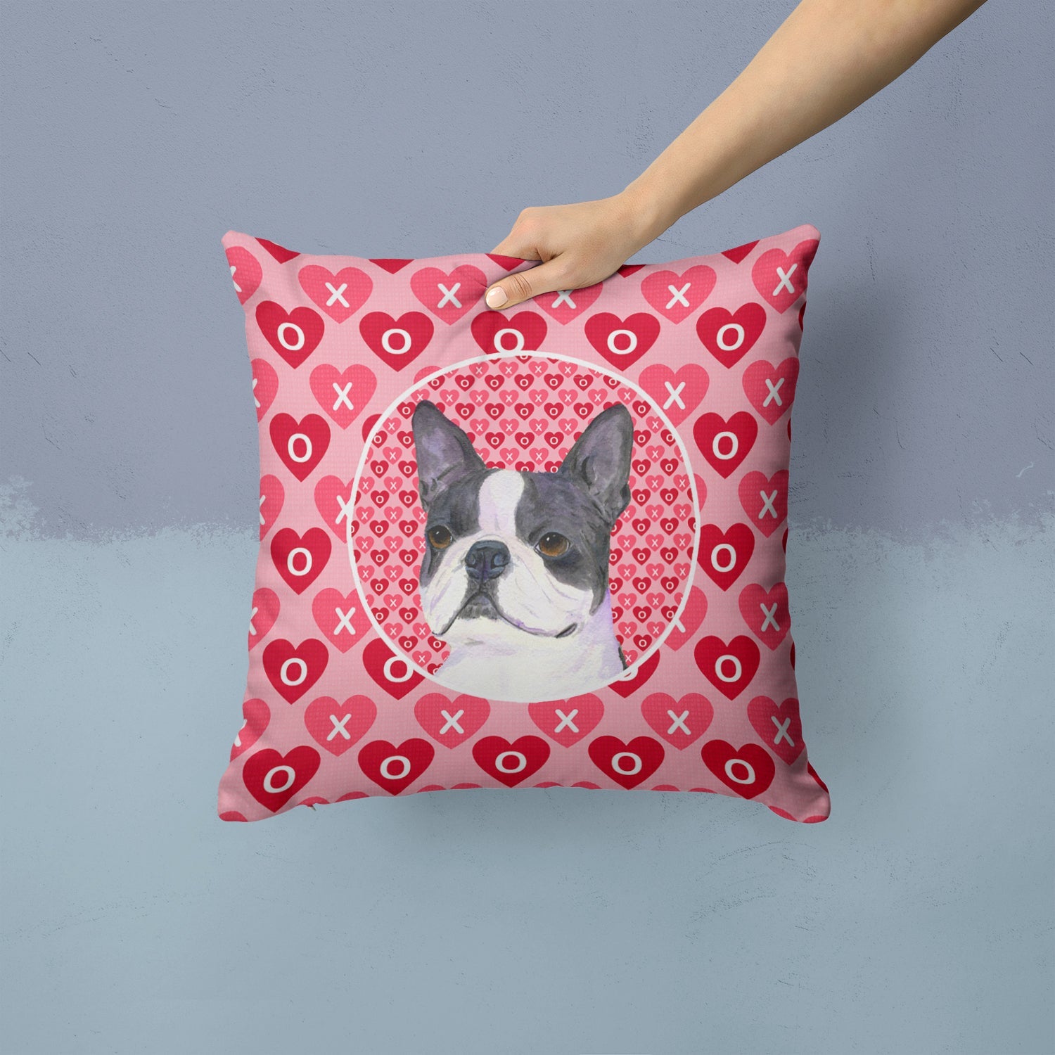 Boston Terrier Hearts Love Valentine's Day Decorative Throw Pillow 14x14 Indoor Outdoor Accent Cushion, Fabric Cover with Insert for Sofa, Bed, Porch & Living Room
